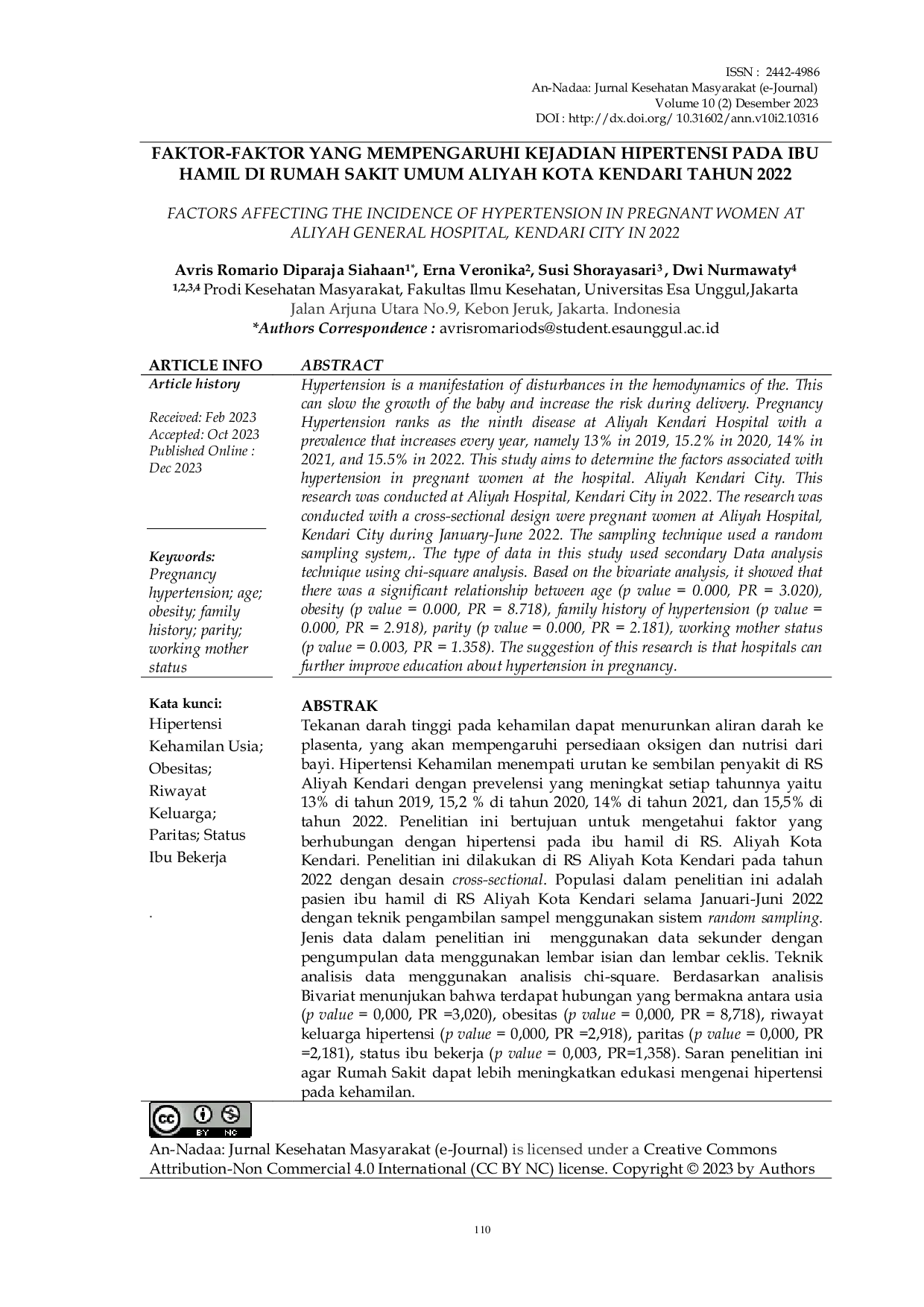 JURIS Faktor Faktor yang Mempengaruhi Kejadian Hipertensi pada Ibu Hamil Di Rumah Sakit Umum Aliyah Kota Kendari Tahun 2022
