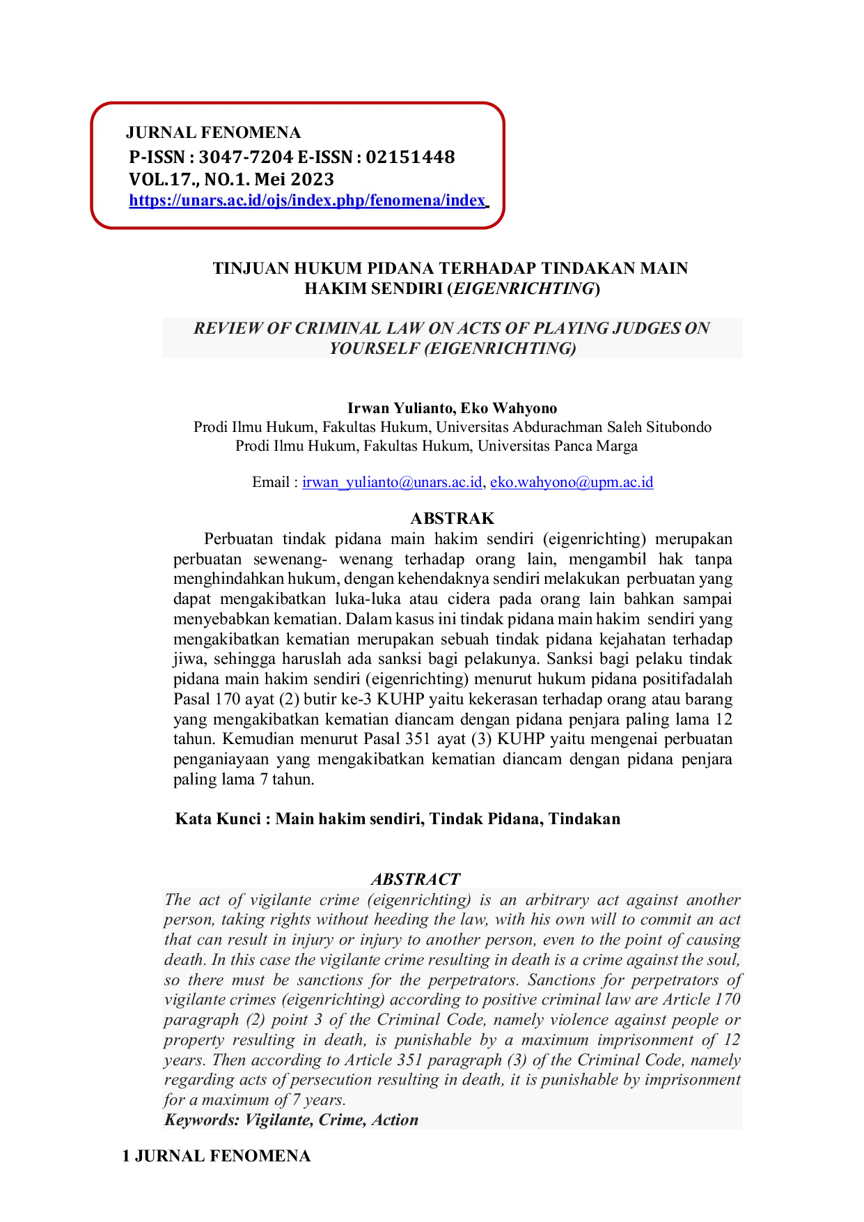 JURIS Tinjauan Hukum Pidana Terhadap Tindakan Main Hakim Sendiri Eigenrichting