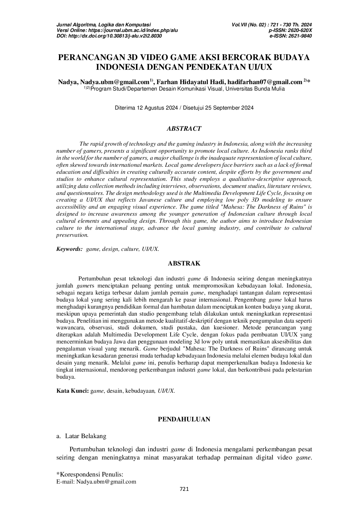 JURIS Perancangan 3D Video Game Aksi Bercorak Budaya Indonesia dengan Pendekatan UI UX