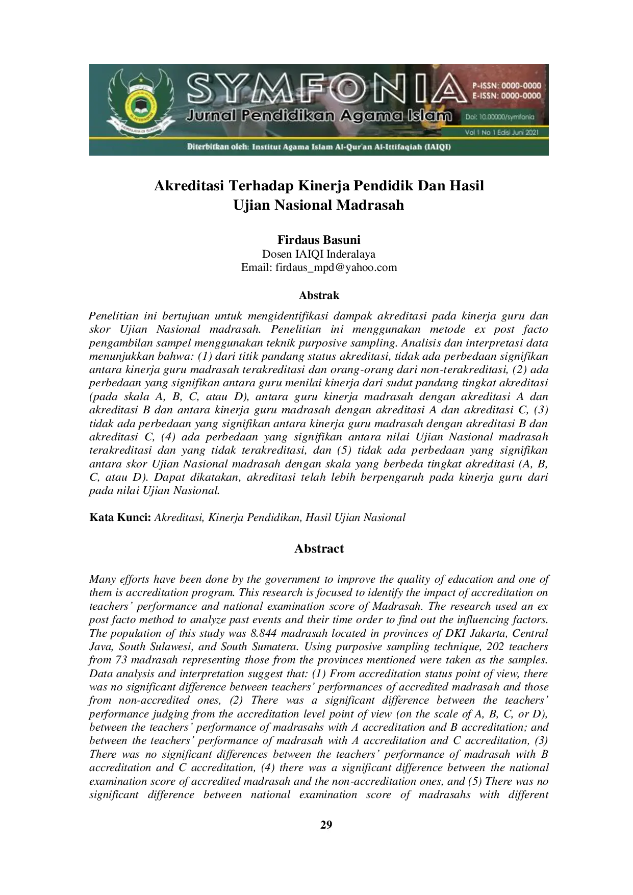 JURIS Akreditasi Terhadap Kinerja Pendidik Dan Hasil Ujian Nasional Madrasah