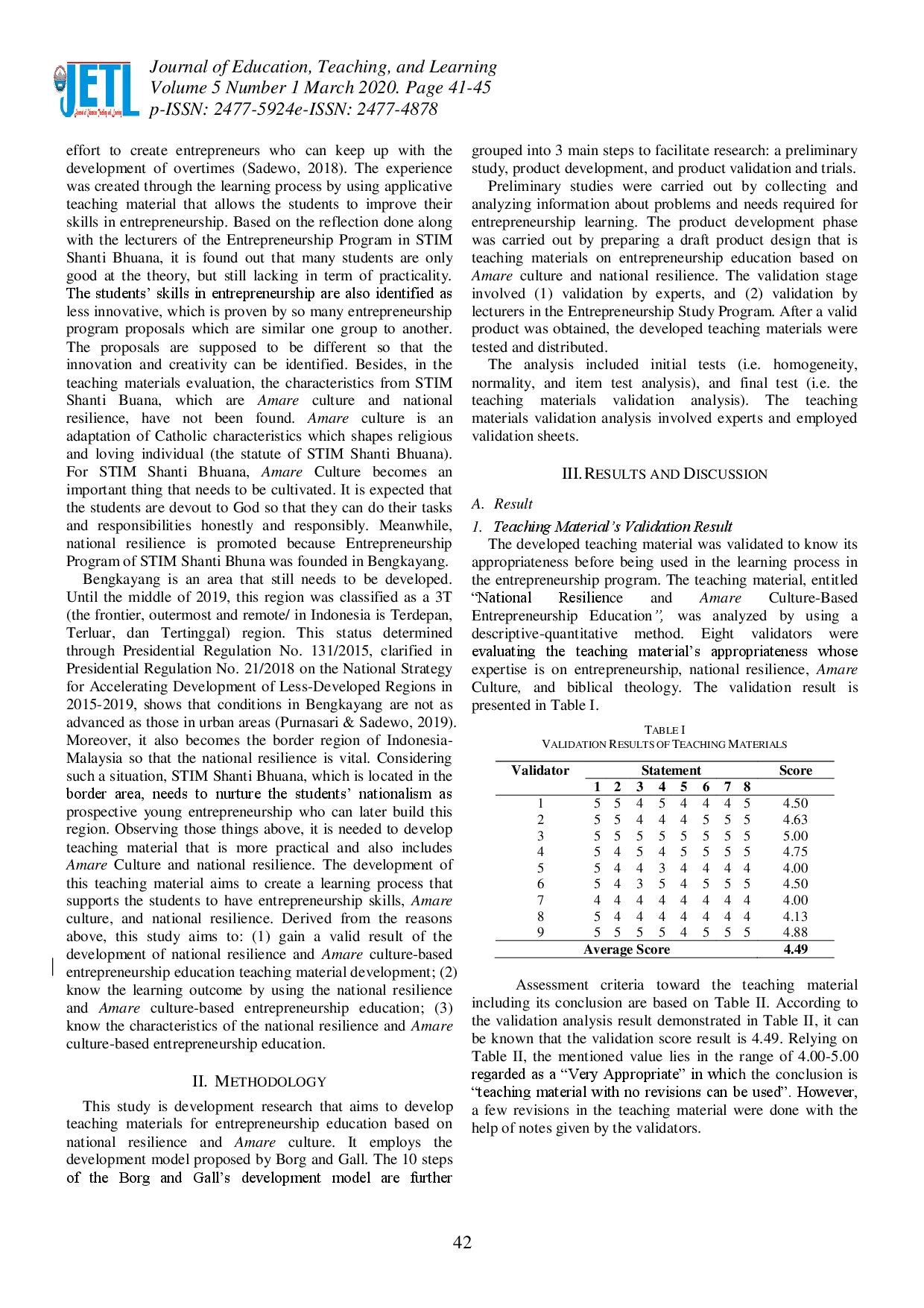 juris Development of Entrepreneurship Education Teaching Material Based on the National Resilience and Amare Culture