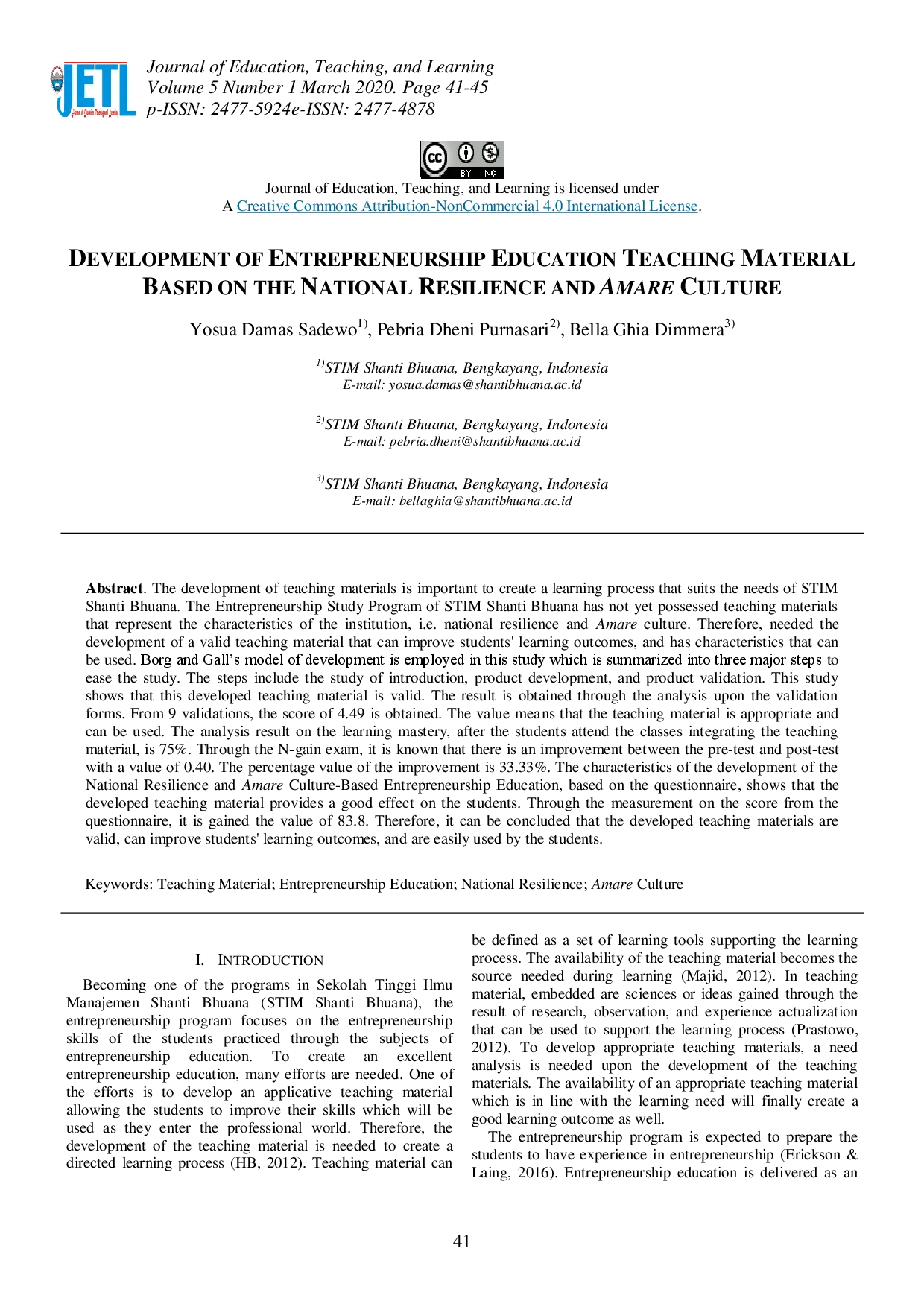 juris Development of Entrepreneurship Education Teaching Material Based on the National Resilience and Amare Culture