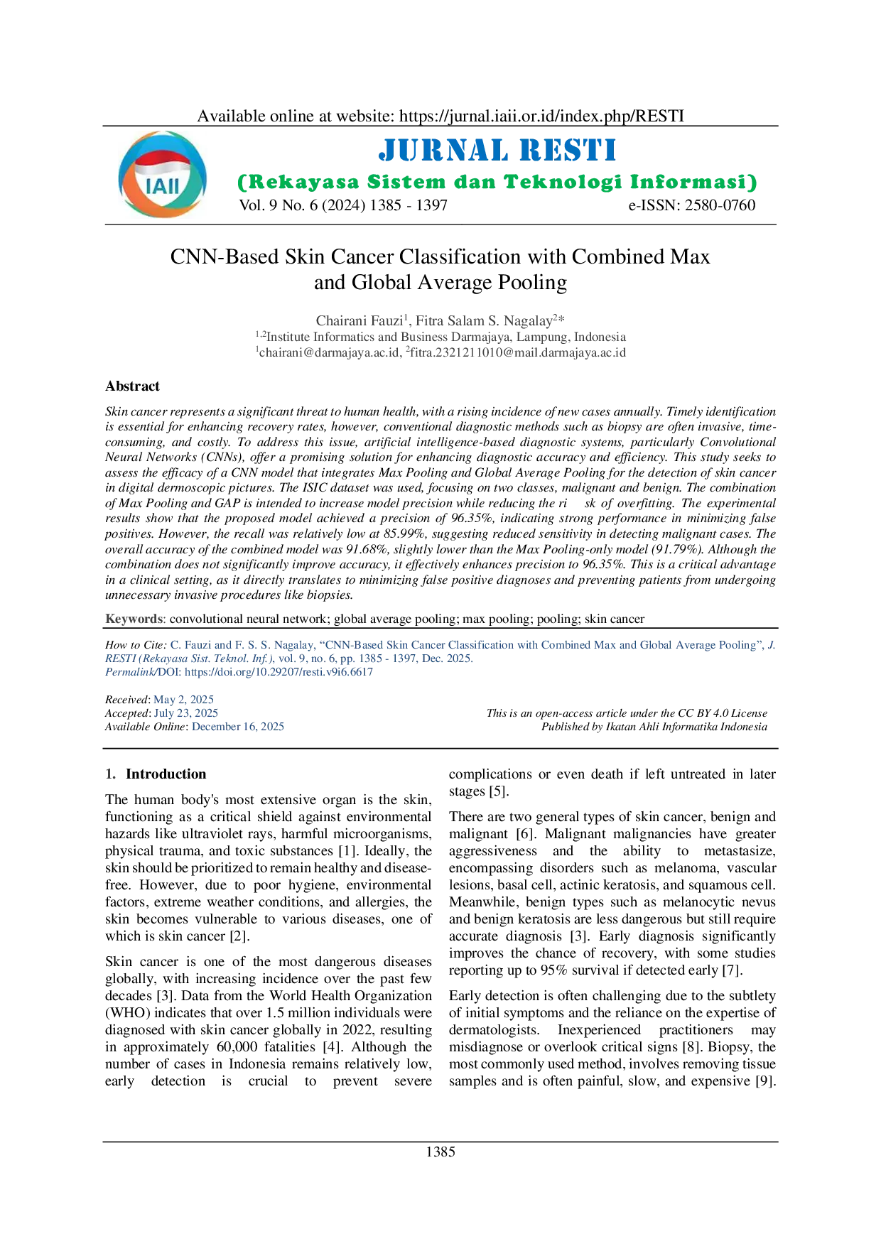 JURIS CNN Based Skin Cancer Classification with Combined Max and Global Average Pooling