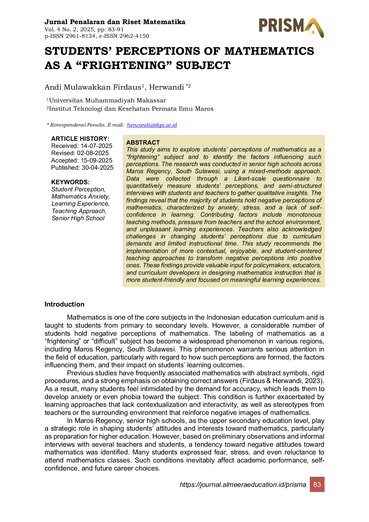 JURIS Students Perceptions Of Mathematics As A Frightening Subject
