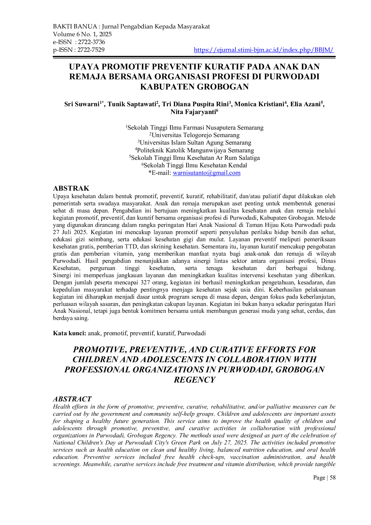 JURIS Upaya Promotif Preventif Kuratif Pada Anak Dan Remaja Bersama Organisasi Profesi Di Purwodadi Kabupaten Grobogan