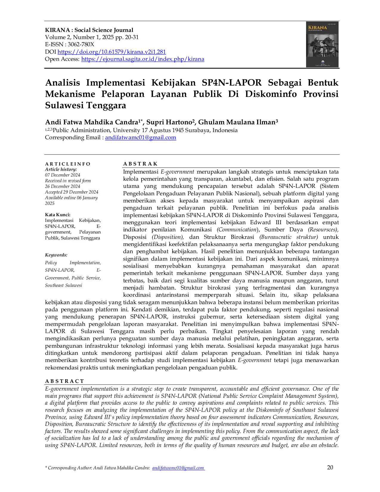 JURIS Analisis Implementasi Kebijakan SP4N LAPOR Sebagai Bentuk Mekanisme Pelaporan Layanan Publik Di Diskominfo Provinsi Sulawesi Tenggara