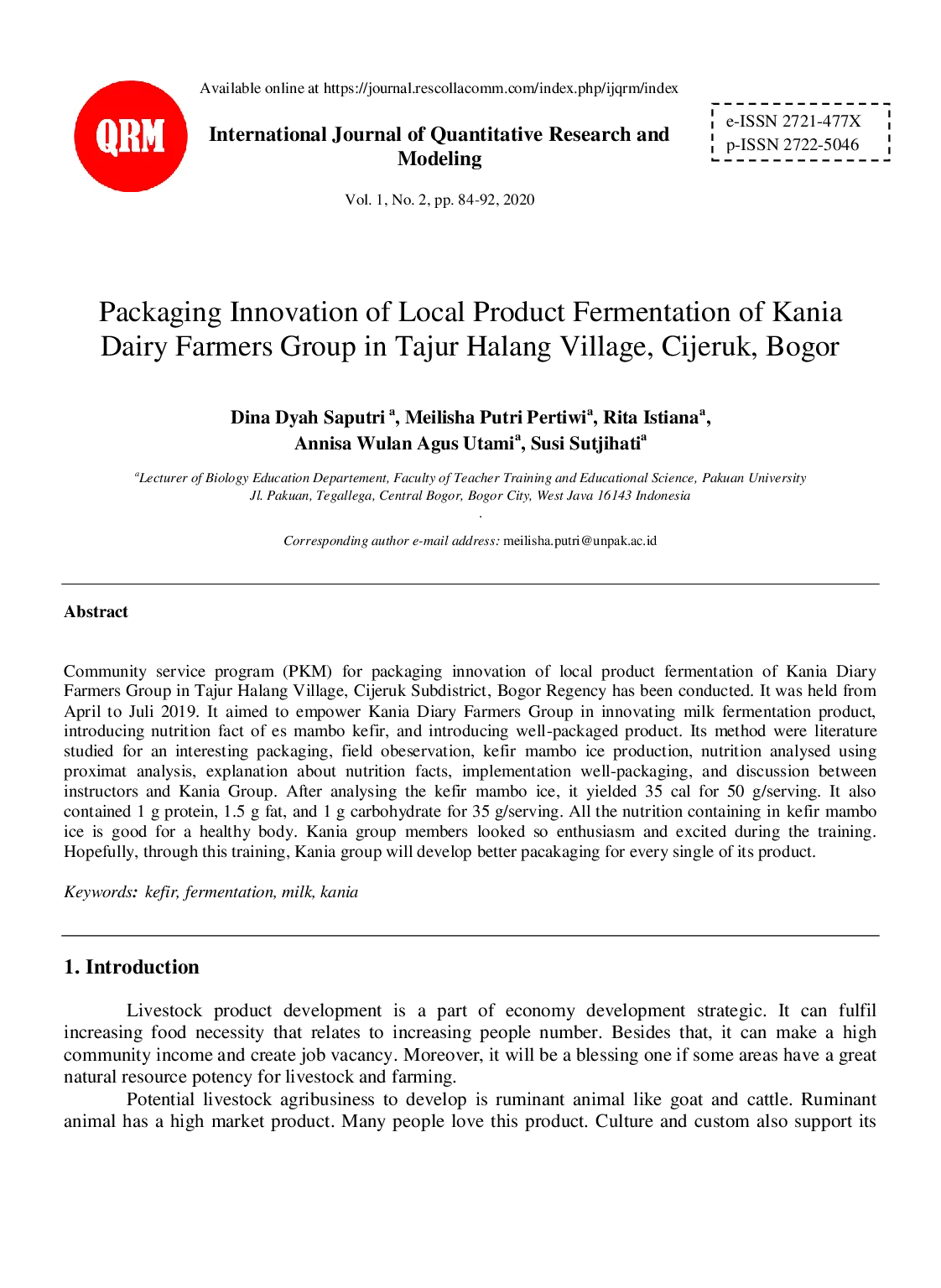 juris Packaging Innovation of Local Product Fermentation of Kania Dairy Farmers Group in Tajur Halang Village Cijeruk Bogor