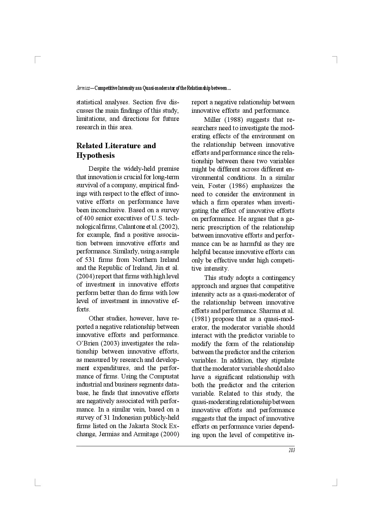 juris Competitive Intensity as a Quasi moderator of the Relationship between Innovative Efforts and Performance