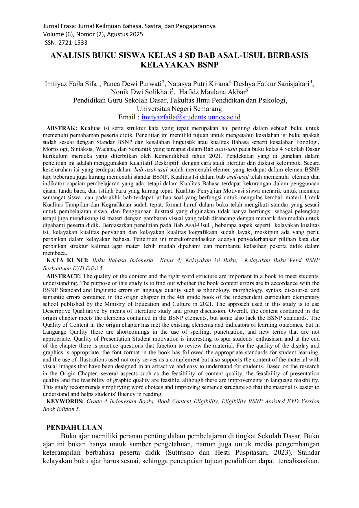 JURIS Analisis Buku Siswa Kelas 4 SD Bab Asal Usul Berbasis Kelayakan BSNP