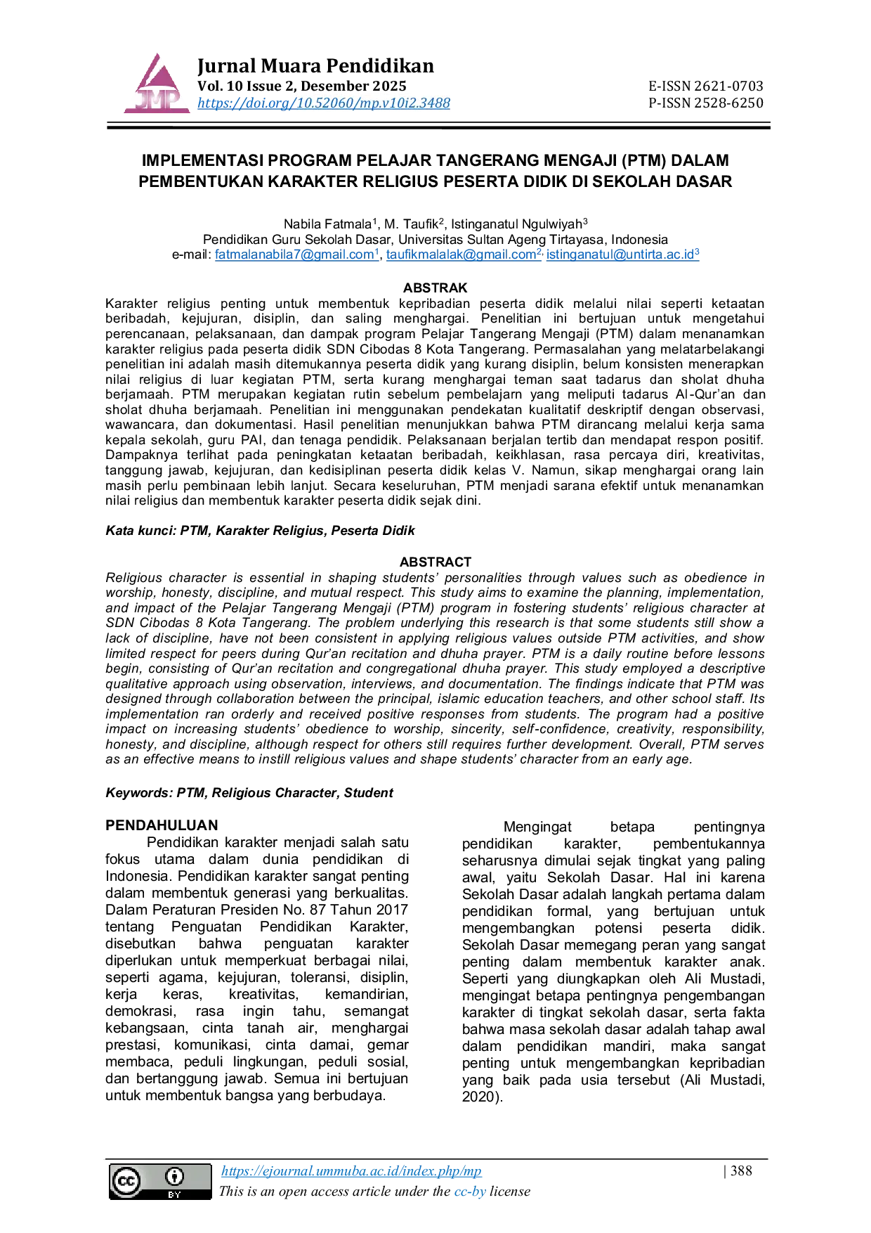 JURIS Implementasi Program Pelajar Tangerang Mengaji Ptm Dalam Pembentukan Karakter Religius Peserta Didik Di Sekolah Dasar