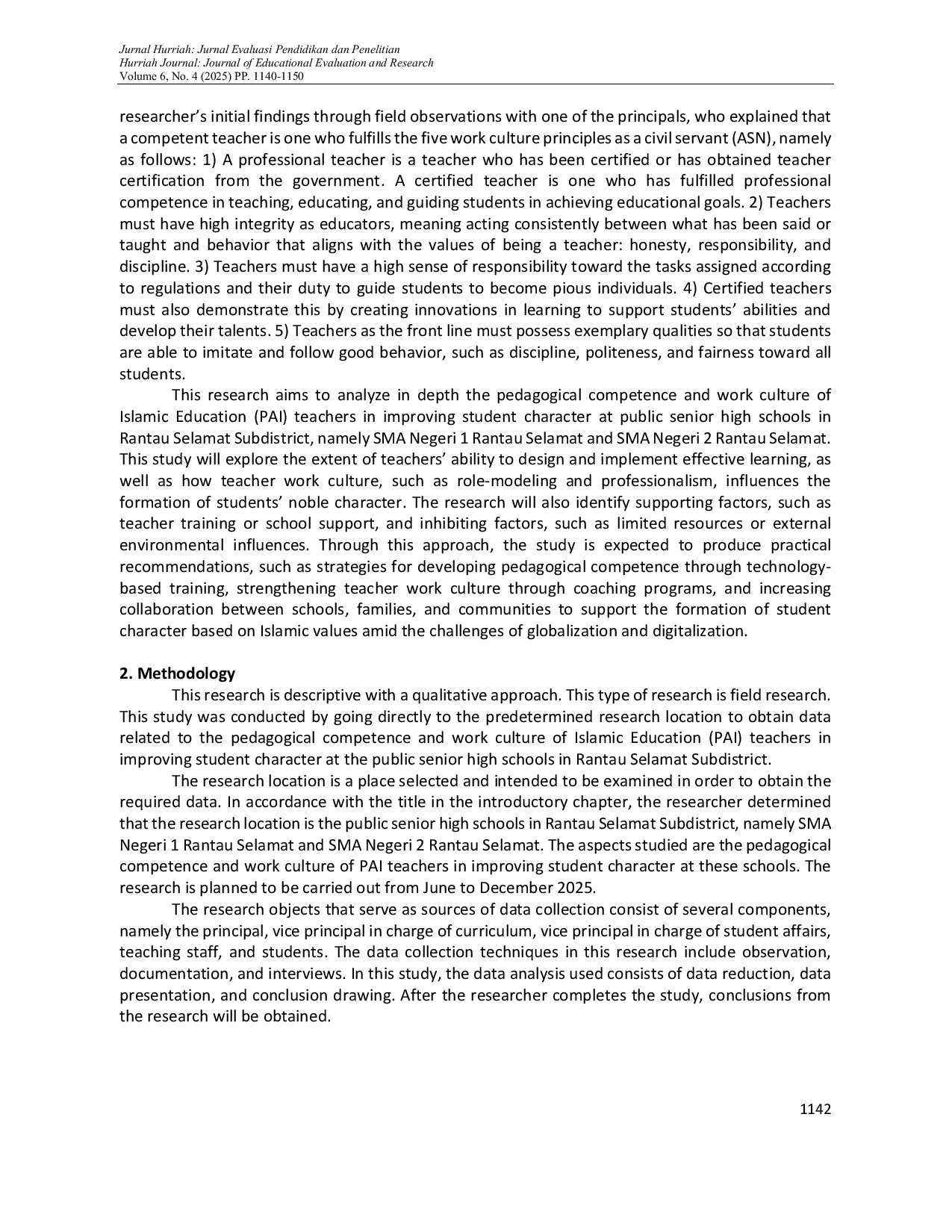 JURIS Pedagogical and Cultural Competence Work Islamic Religious Education Teachers in Improving Character Student At State High School in Rantau Selamat District