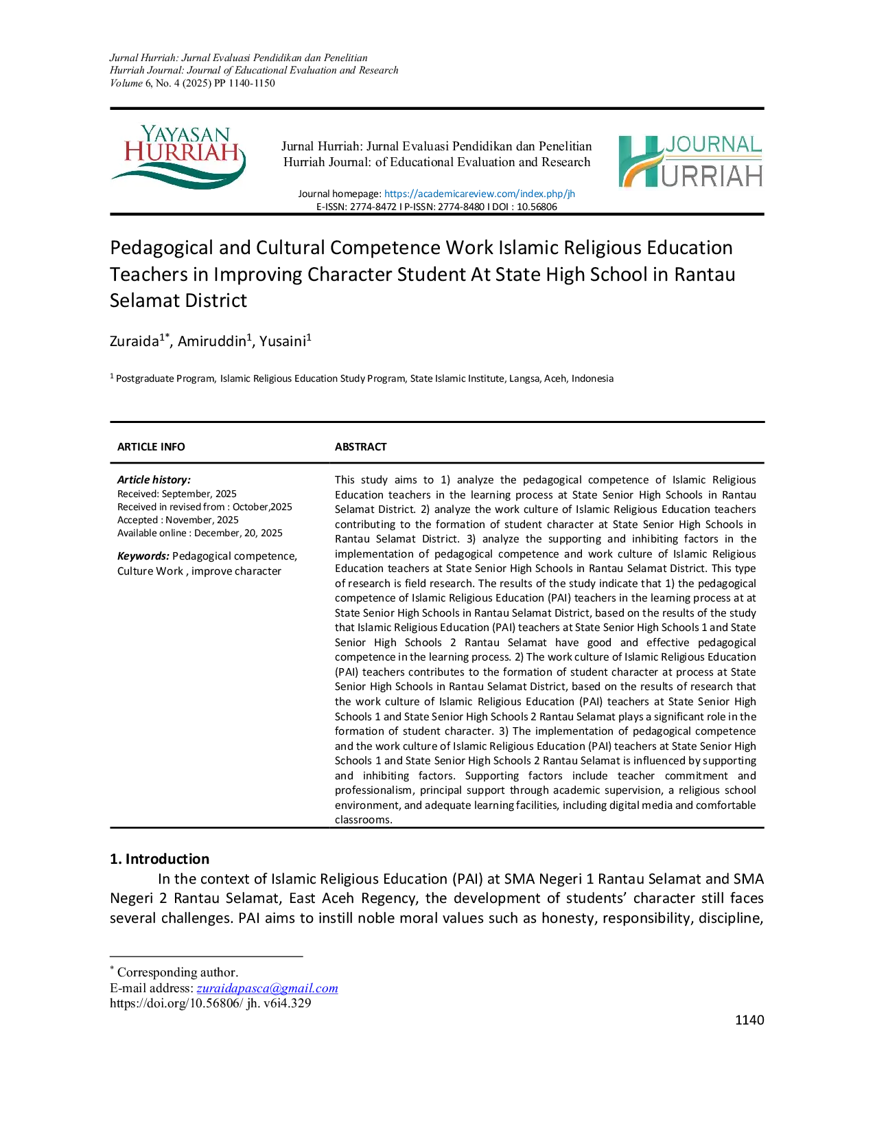 JURIS Pedagogical and Cultural Competence Work Islamic Religious Education Teachers in Improving Character Student At State High School in Rantau Selamat District
