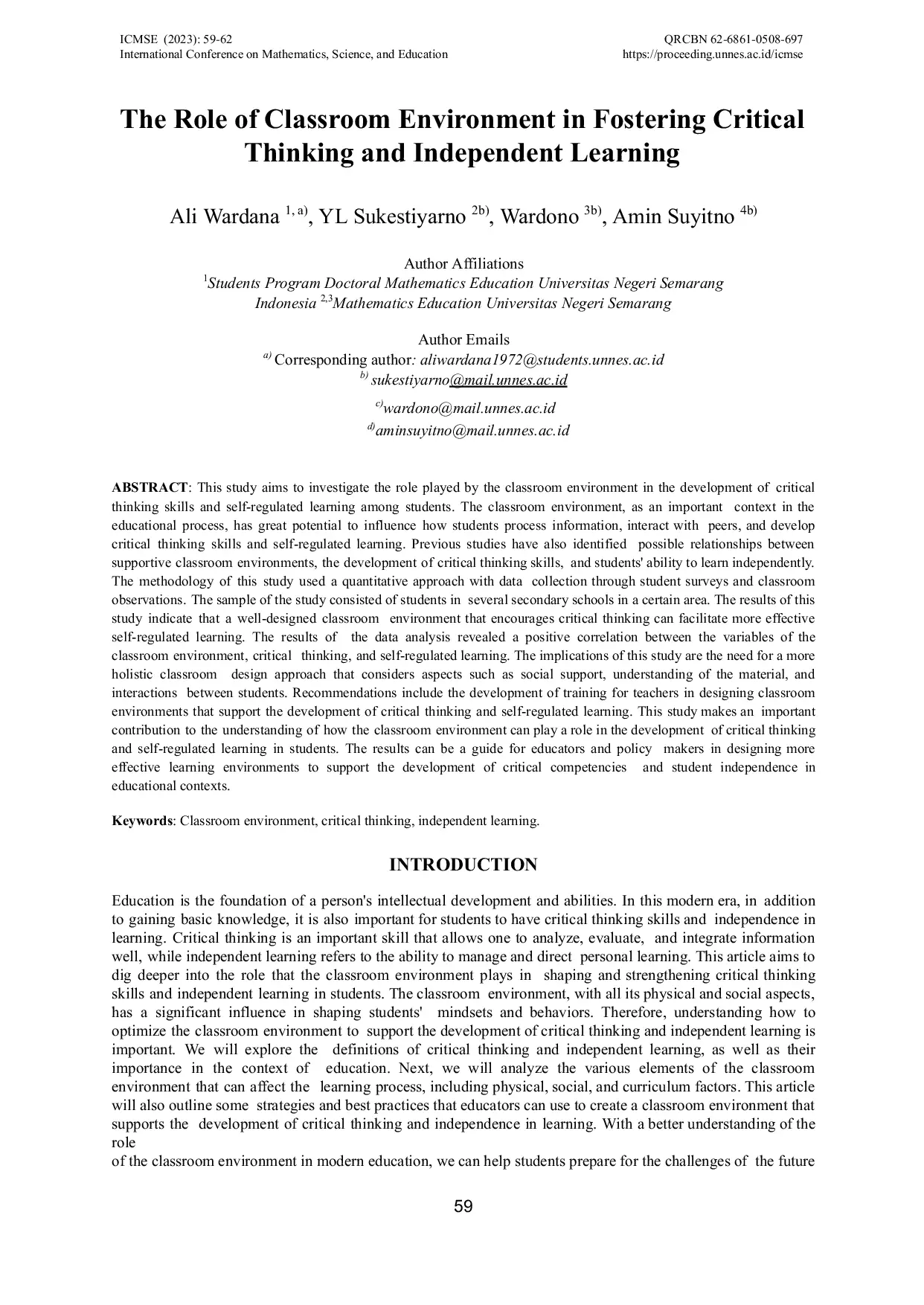 JURIS The Role of Classroom Environment in Fostering Critical Thinking and Independent Learning