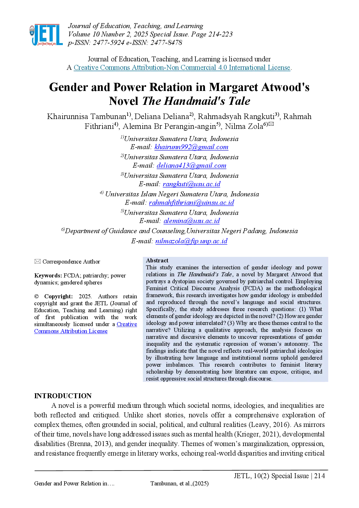 juris Gender and Power Relation in Margaret Atwood s Novel The Handmaid s Tale