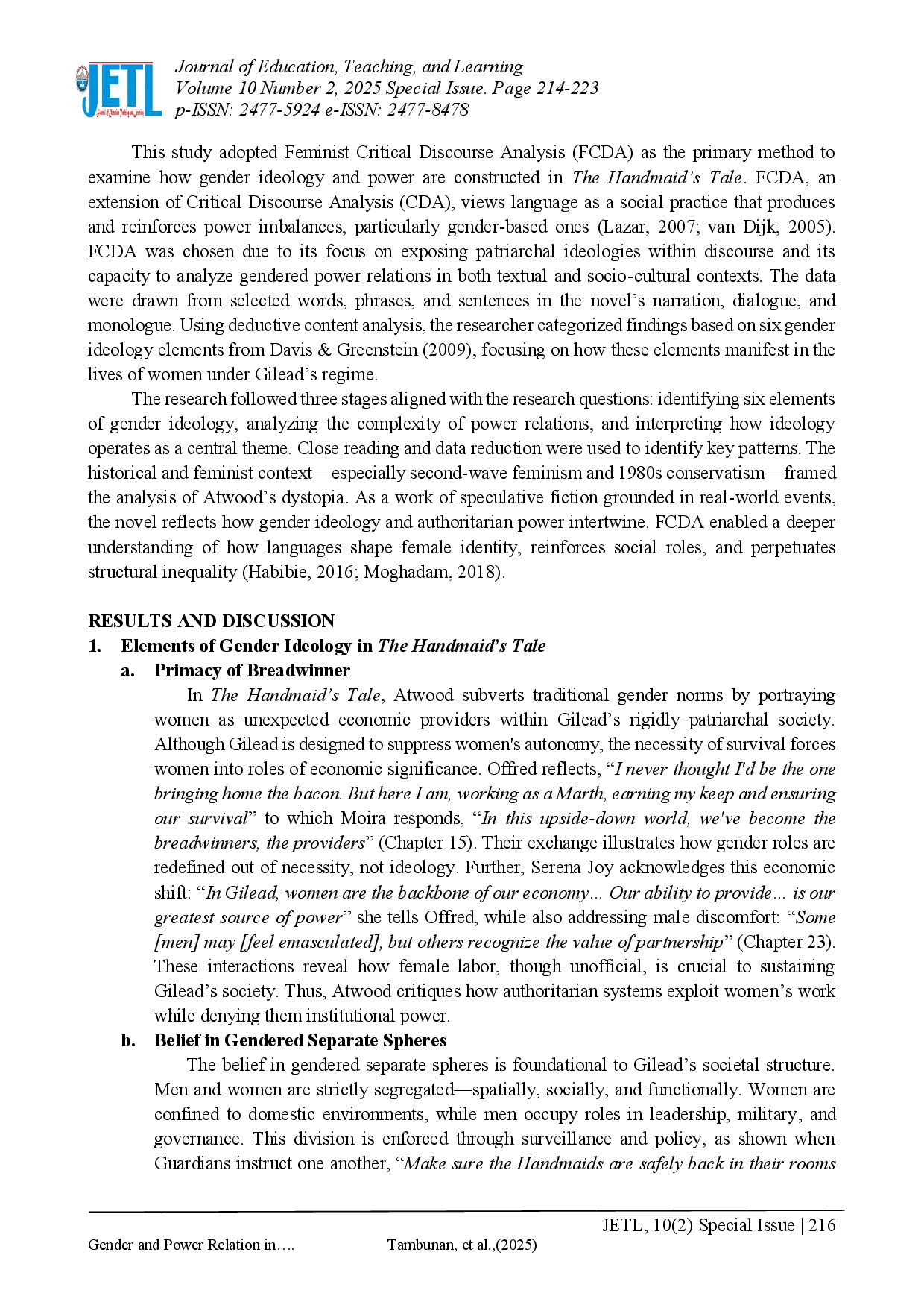 juris Gender and Power Relation in Margaret Atwood s Novel The Handmaid s Tale