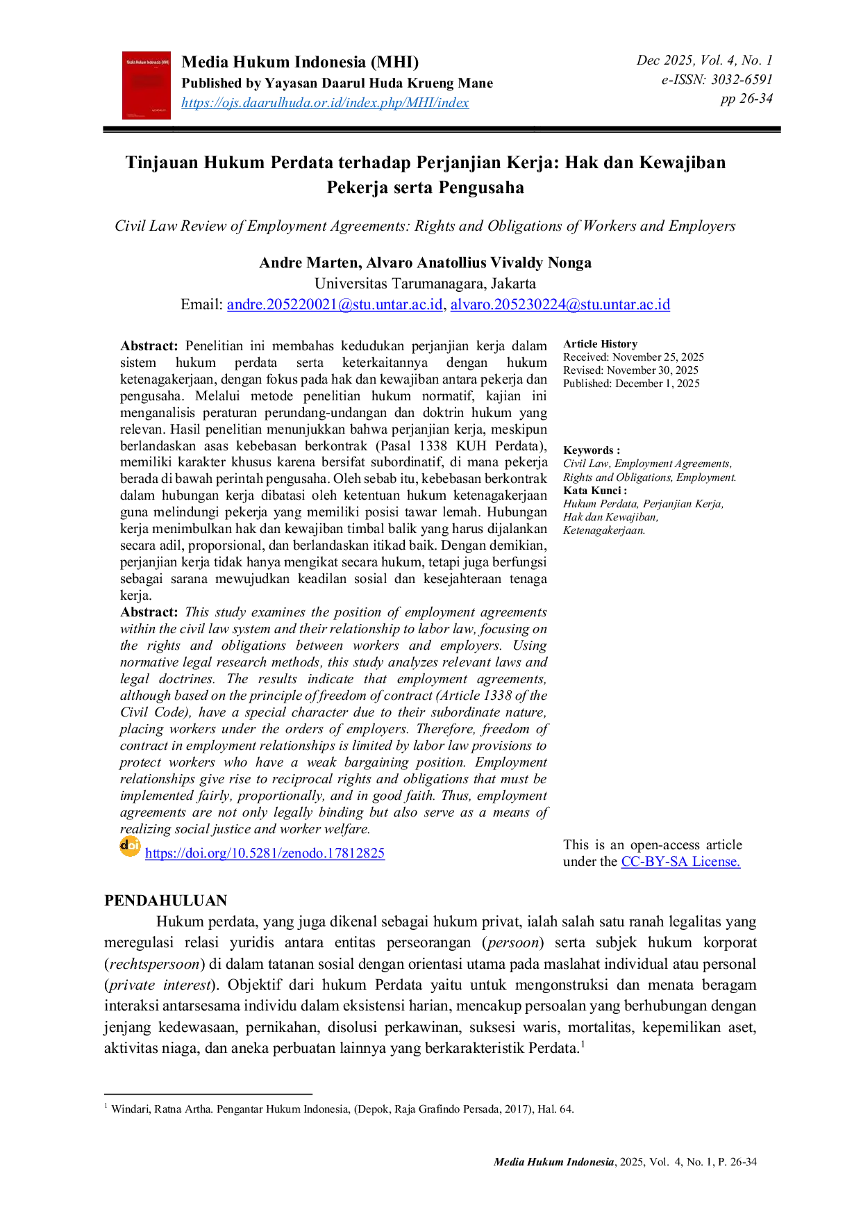 JURIS Tinjauan Hukum Perdata terhadap Perjanjian Kerja Hak dan Kewajiban Pekerja serta Pengusaha