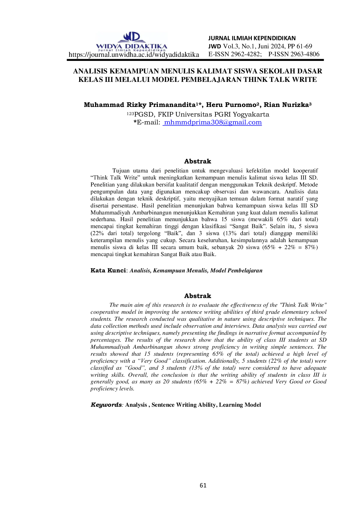 JURIS Analisis Kemampuan Menulis Kalimat Siswa Sekolah Dasar Kelas III Melalui Model Pembelajaran Think Talk Write