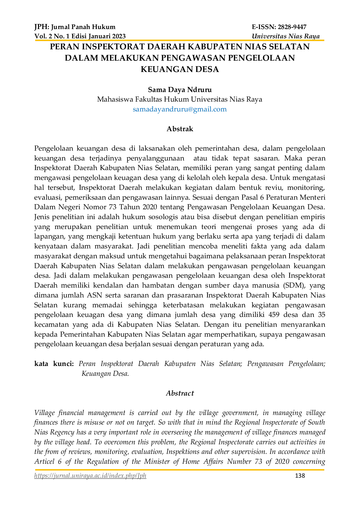 JURIS Peran Inspektorat Daerah Kabupaten Nias Selatan Dalam Melakukan Pengawasan Pengelolaan Keuangan Desa