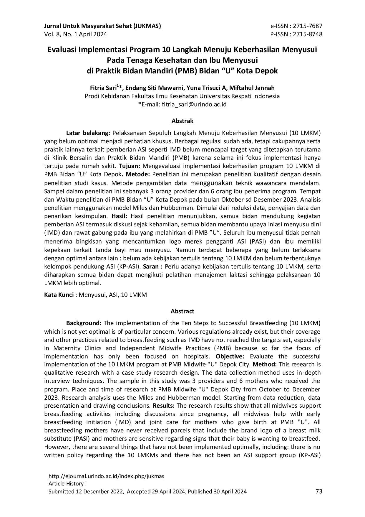 JURIS Evaluasi Implementasi Program 10 Langkah Menuju Keberhasilan Menyusui Pada Tenaga Kesehatan dan Ibu Menyusui di Praktik Bidan Mandiri PMB Bidan U Kota Depok