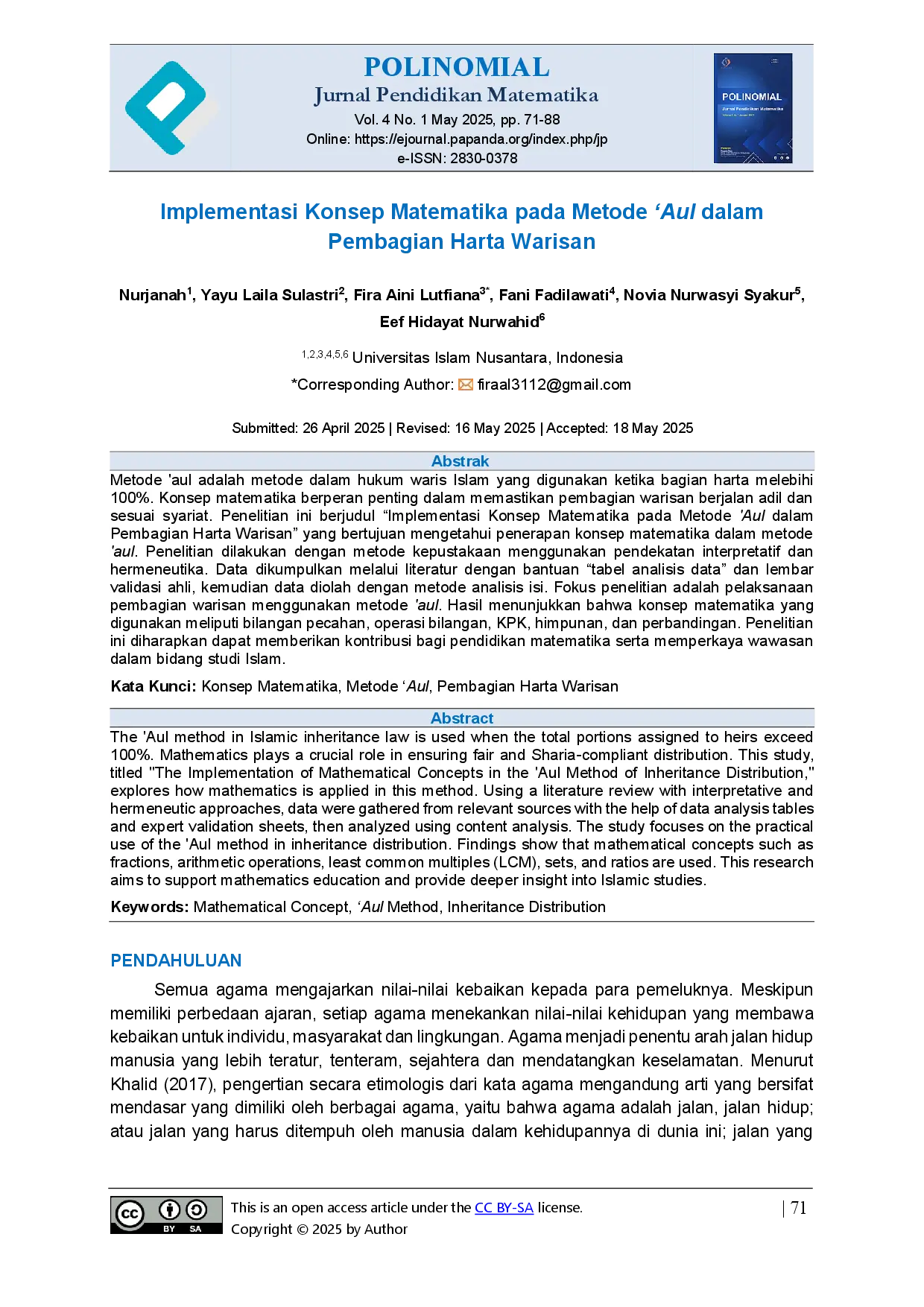 juris Implementasi Konsep Matematika pada Metode Aul dalam Pembagian Harta Warisan