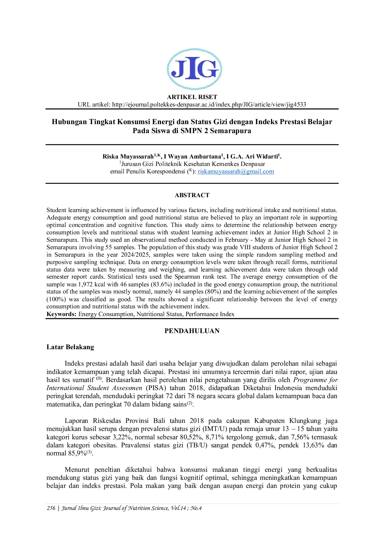 JURIS Hubungan Tingkat Konsumsi Energi Dan Status Gizi Dengan Indeks Prestasi Belajar Pada Siswa Di SMP Negeri 2 Semarapura