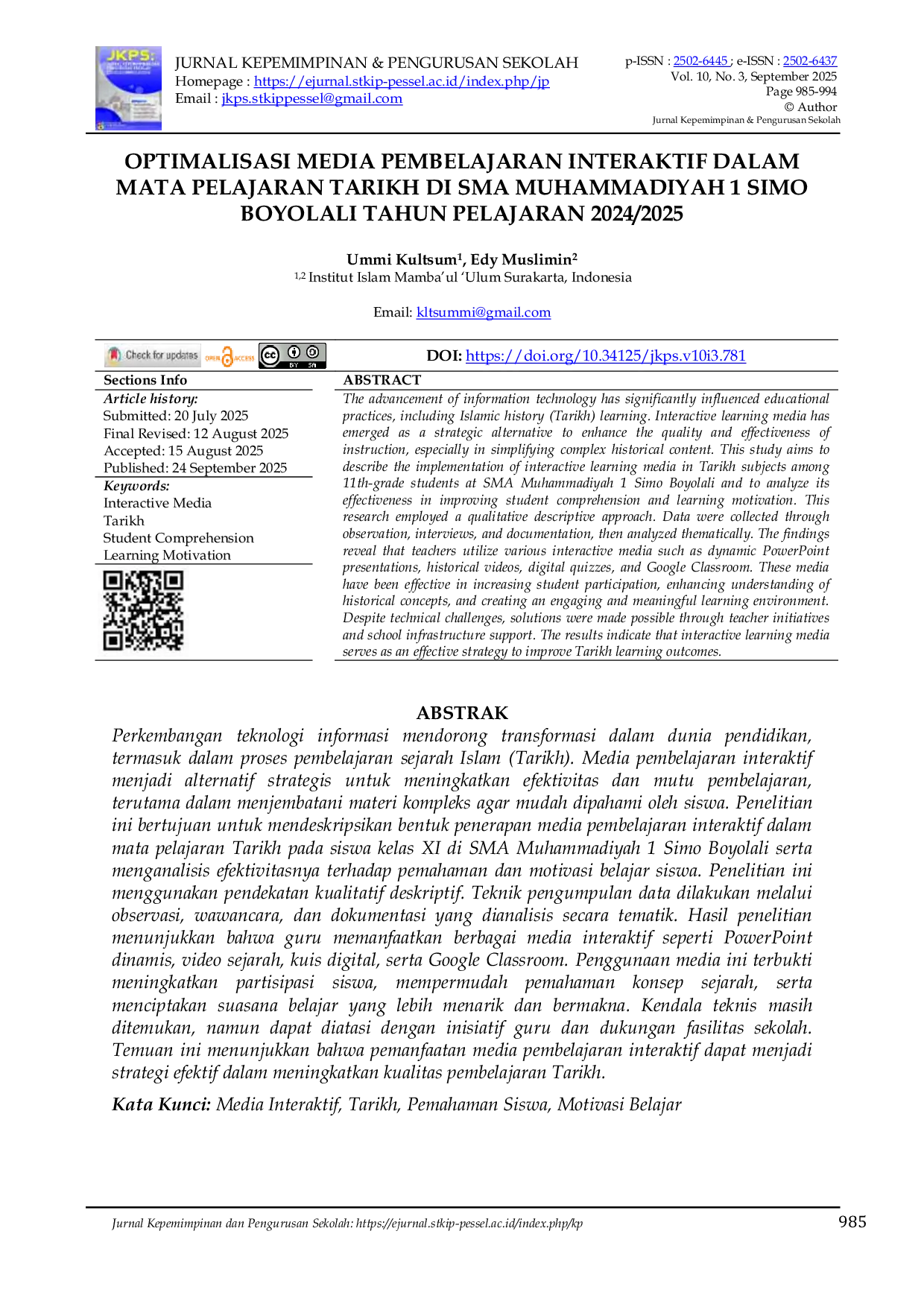 JURIS Optimalisasi Media Pembelajaran Interaktif Dalam Mata Pelajaran Tarikh Di Sma Muhammadiyah 1 Simo Boyolali Tahun Pelajaran 2024 2025