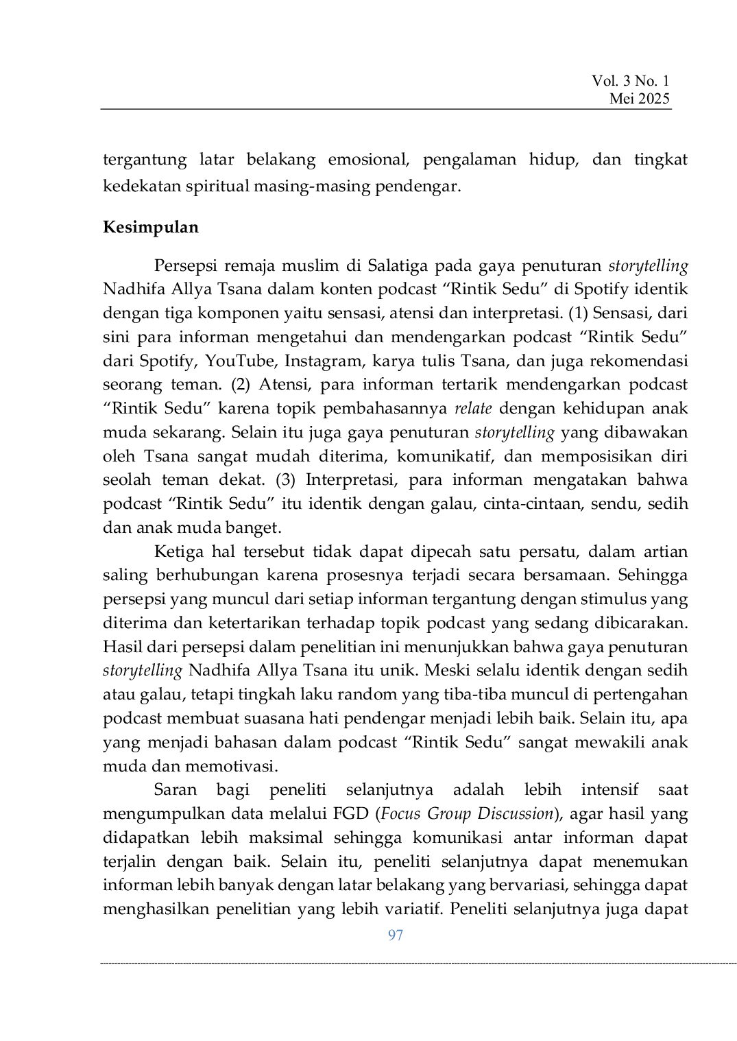 JURIS Menyelami Suara Remaja Muslim Salatiga Analisis Storytelling dalam Podcast Rintik Sedu oleh Nadhifa Allya Tsana