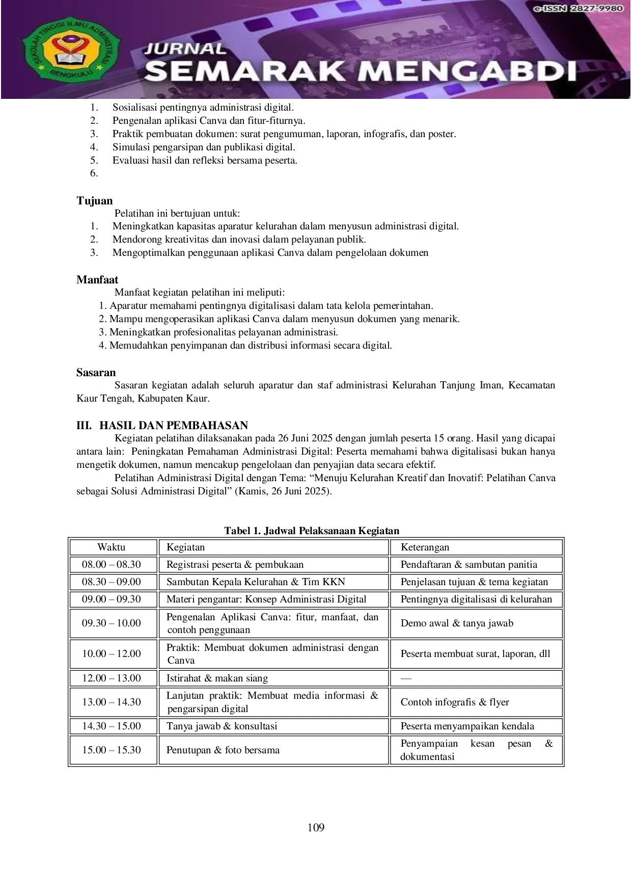 JURIS Peningkatan Kapasitas Aparatur Kelurahan Tanjung Iman Kabpaten Kaur Melalui Pelatihan Administrasi Digital Berbasis Aplikasi Canva