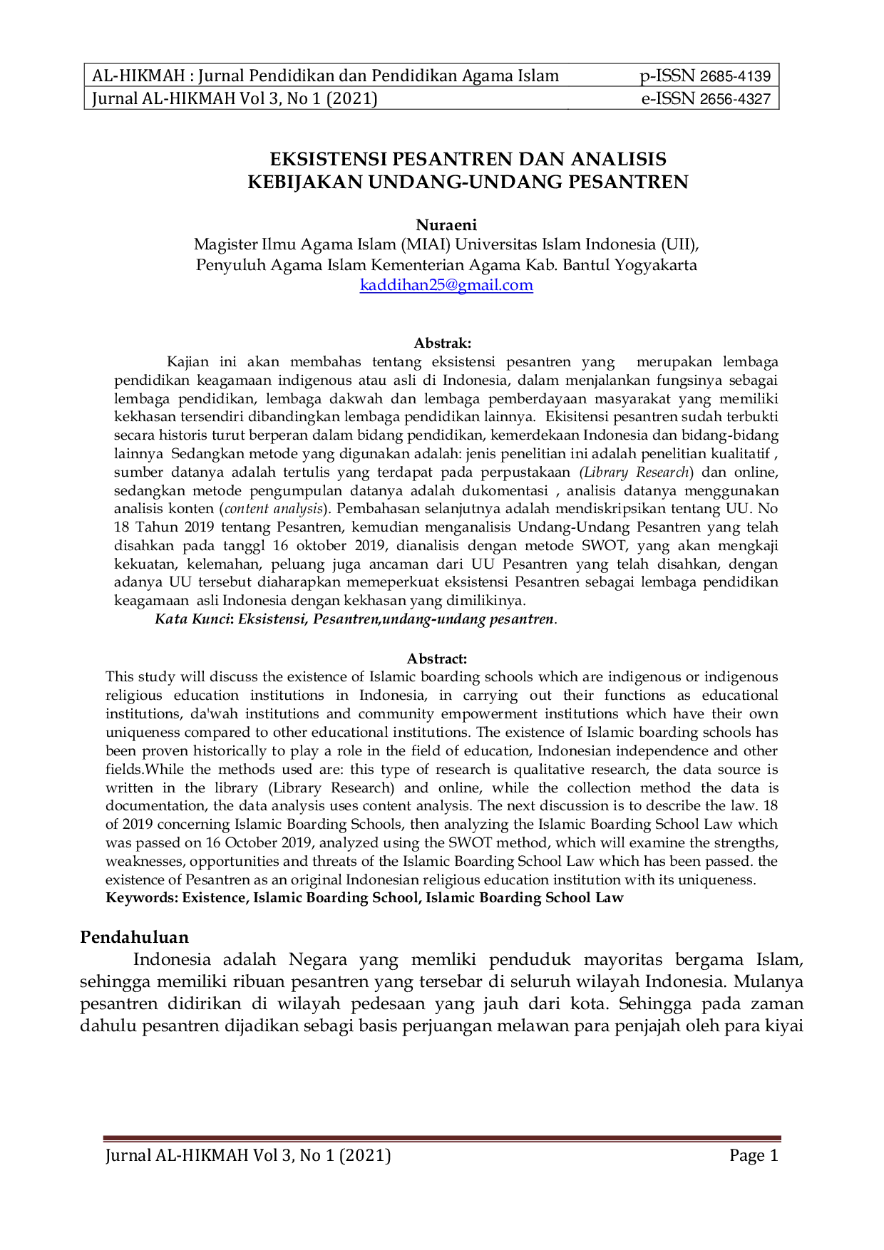 JURIS Ekistensi Pesantren dan Analisis Kebijakan Undang Undang Pesantren