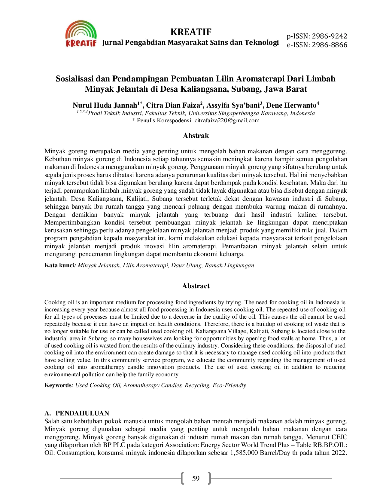 JURIS Sosialisasi dan Pendampingan Pembuatan Lilin Aromaterapi Dari Limbah Minyak Jelantah di Desa Kaliangsana Subang Jawa Barat