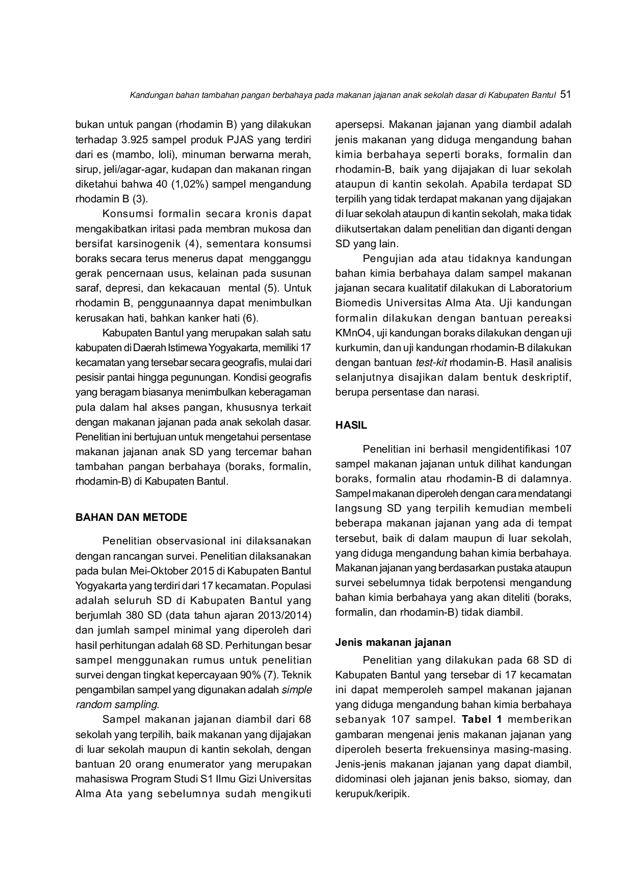 JURIS Kandungan Bahan Tambahan Pangan Berbahaya pada Makanan Jajanan Anak Sekolah Dasar di Kabupaten Bantul