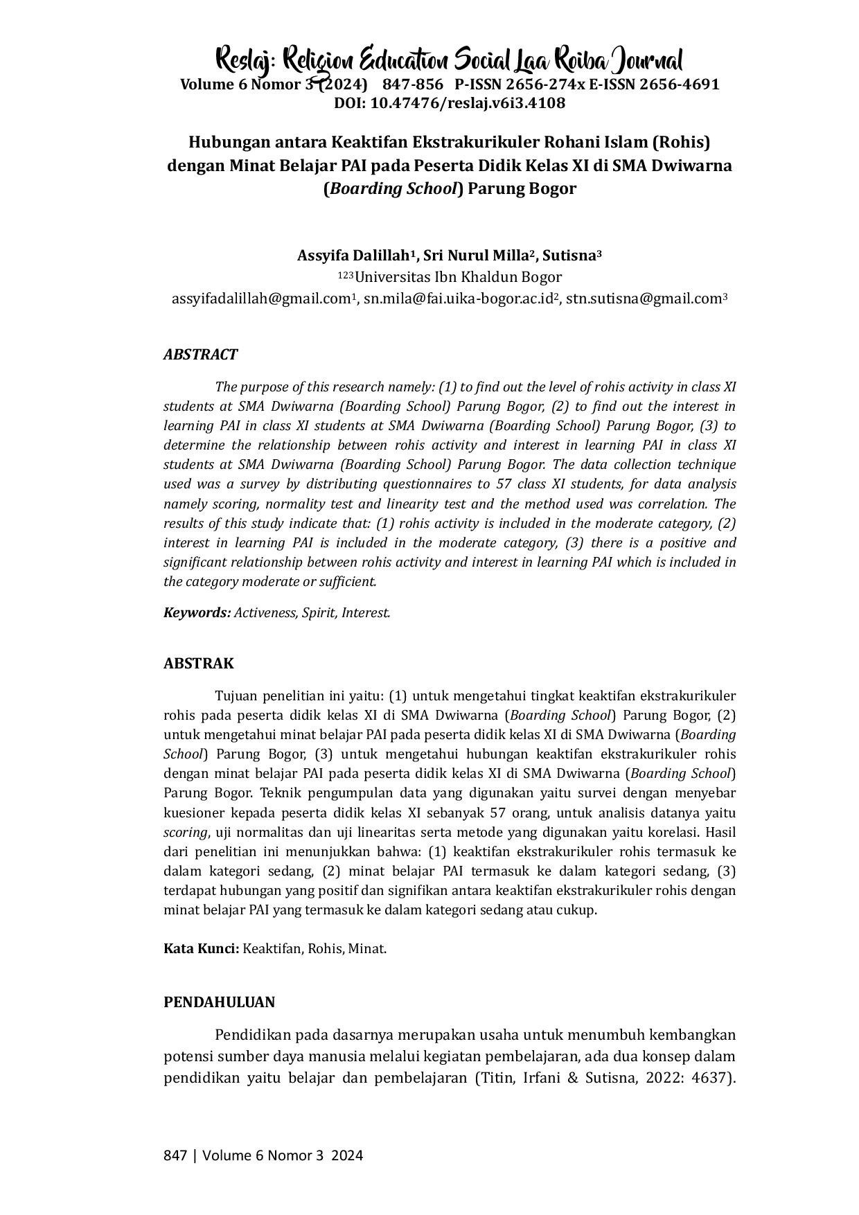 JURIS Hubungan Antara Keaktifan Ekstrakurikuler Rohani Islam Rohis dengan Minat Belajar PAI pada Peserta Didik Kelas XI di SMA Dwiwarna Boarding School Parung Bogor