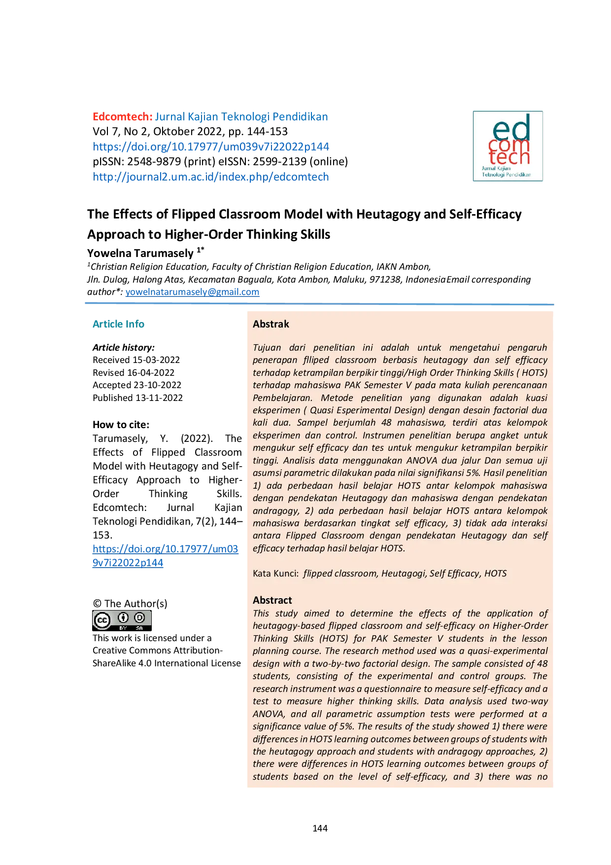 JURIS The Effects of Flipped Classroom Model with Heutagogy and Self Efficacy Approach to Higher Order Thinking Skills
