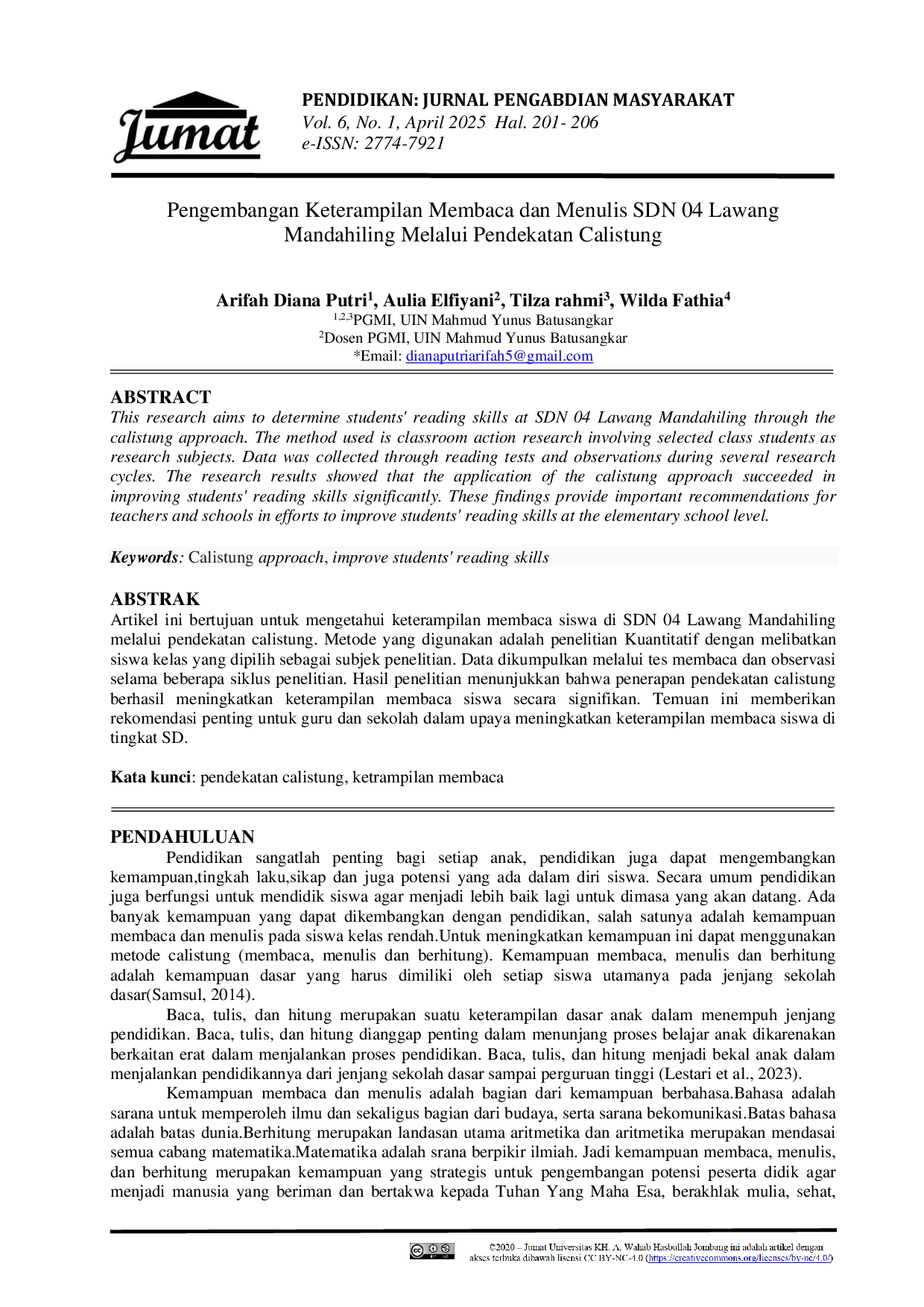 JURIS Pengembangan Keterampilan Membaca dan Menulis SDN 04 Lawang Mandahiling Melalui Pendekatan Calistung