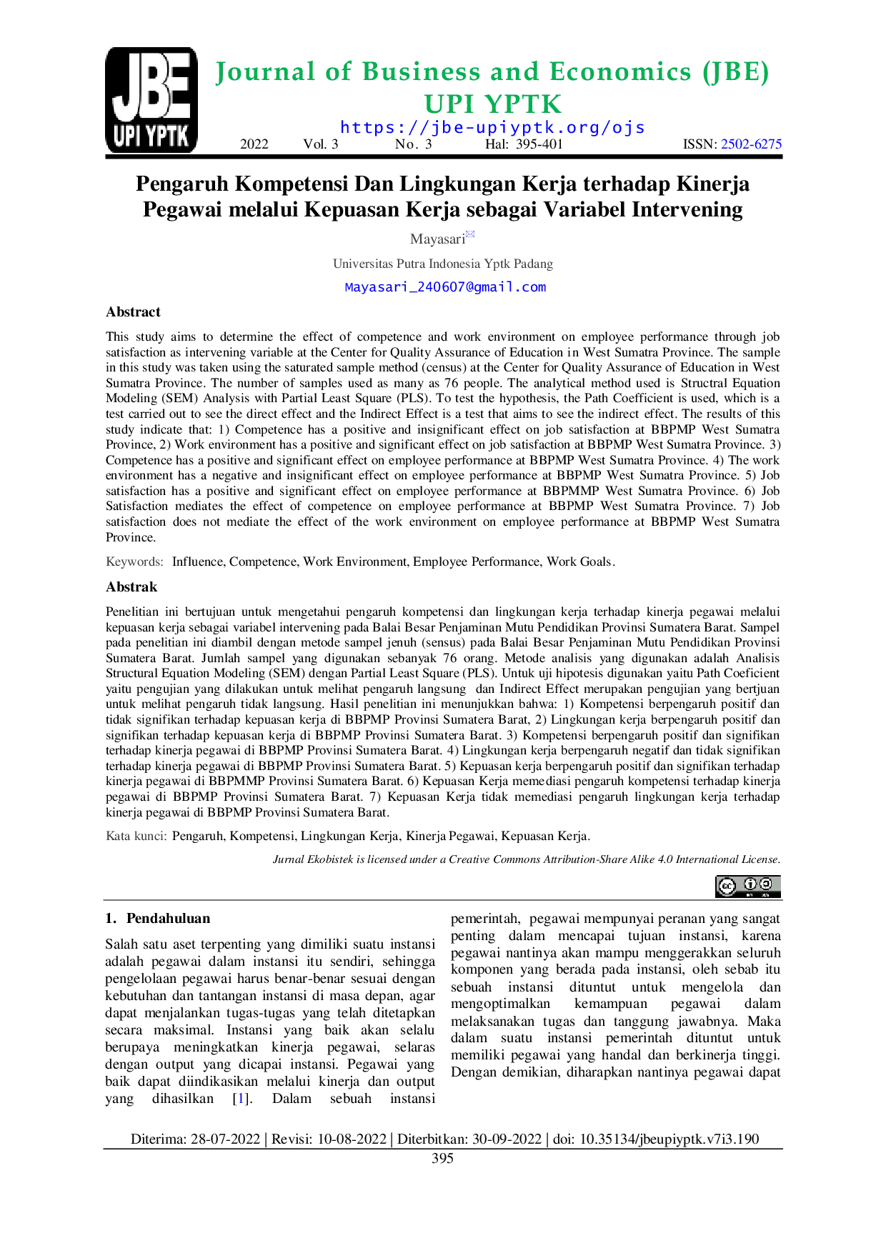 JURIS Pengaruh Kompetensi Dan Lingkungan Kerja terhadap Kinerja Pegawai melalui Kepuasan Kerja sebagai Variabel Intervening