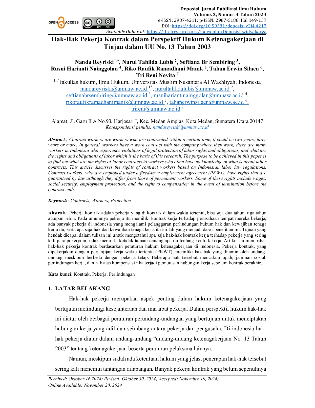 JURIS Hak Hak Pekerja Kontrak dalam Perspektif Hukum Ketenagakerjaan di Tinjau dalam UU No 13 Tahun 2003