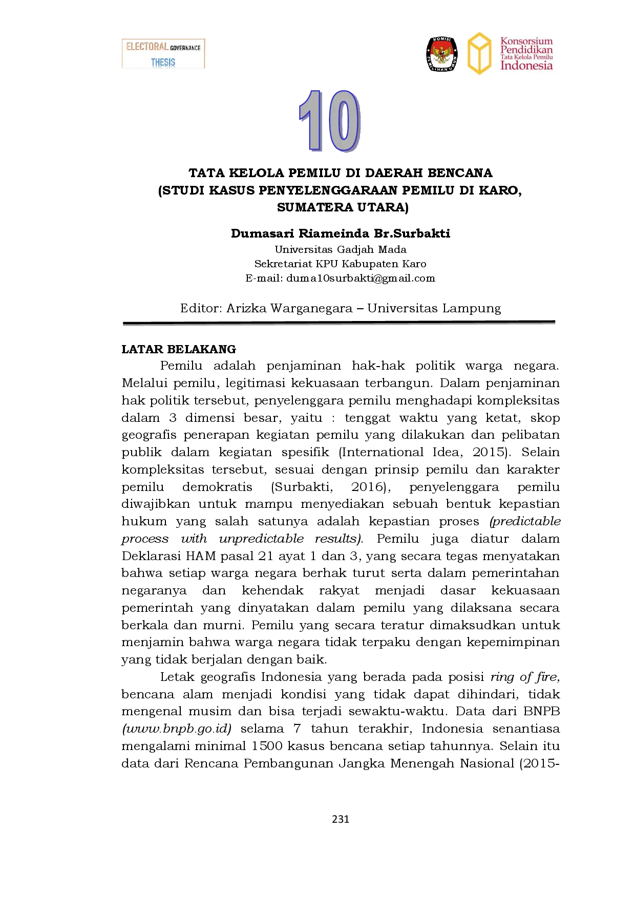 juris Tata Kelola Pemilu di Daerah Bencana Studi Kasus Penyelenggaraan Pemilu di Karo Sumatera Utara