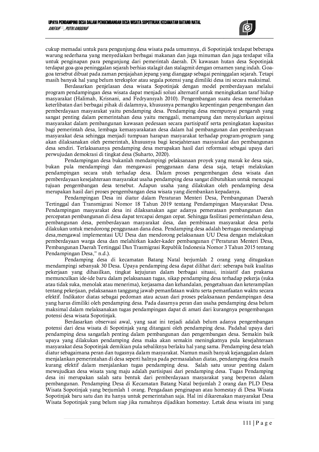 JURIS Upaya Pendamping Desa Dalam Pengembangan Desa Wisata Sopotinjak Kecamatan Batang Natal