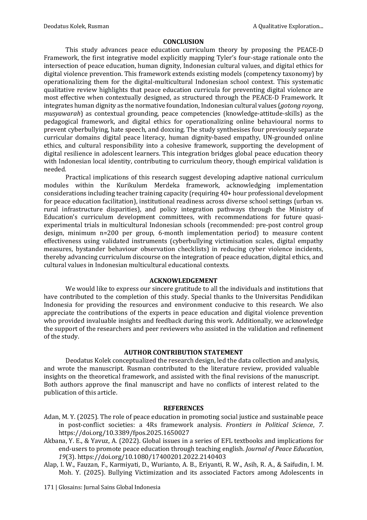 JURIS A Qualitative Exploration of Essential Content for Peace Education Curricula to Prevent Digital Violence