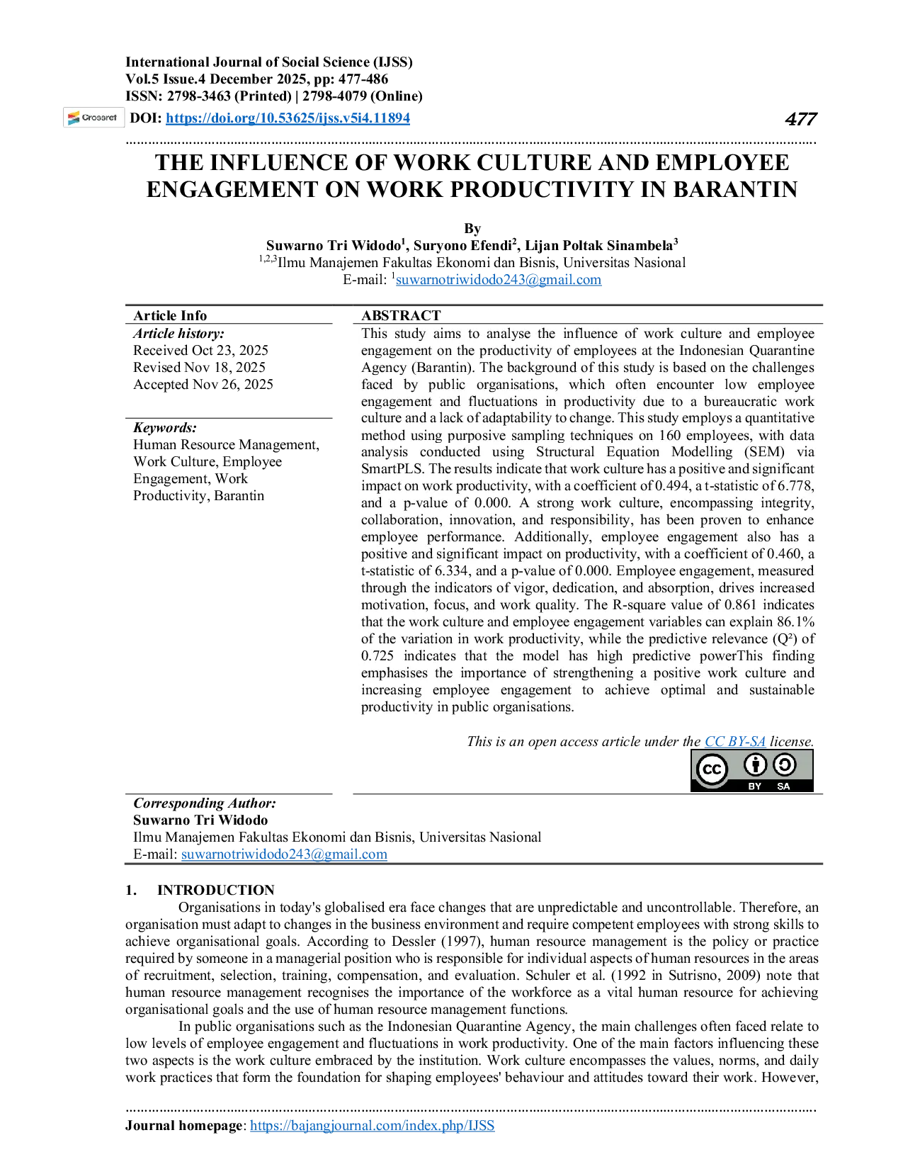JURIS The Influence of Work Culture and Employee Engagement on Work Productivity in Barantin