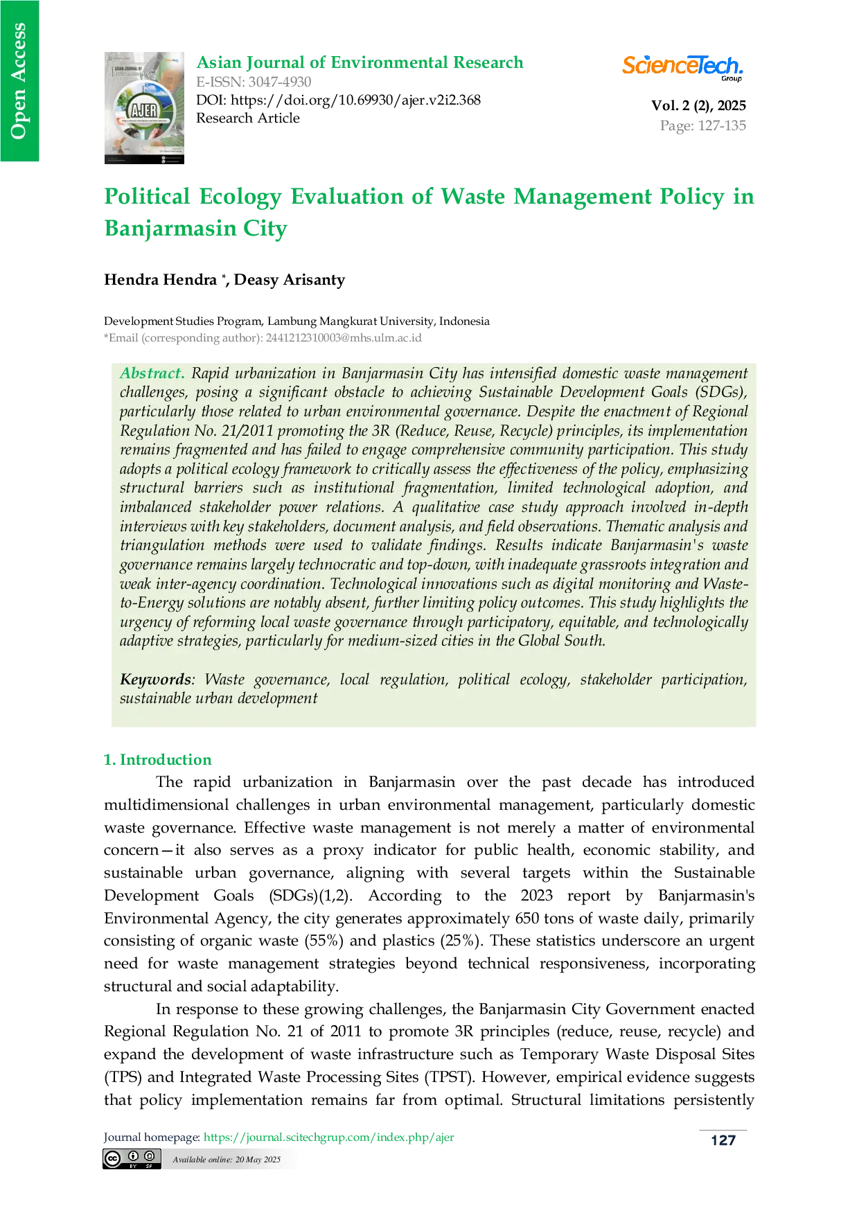 JURIS Political Ecology Evaluation of Waste Management Policy in Banjarmasin City