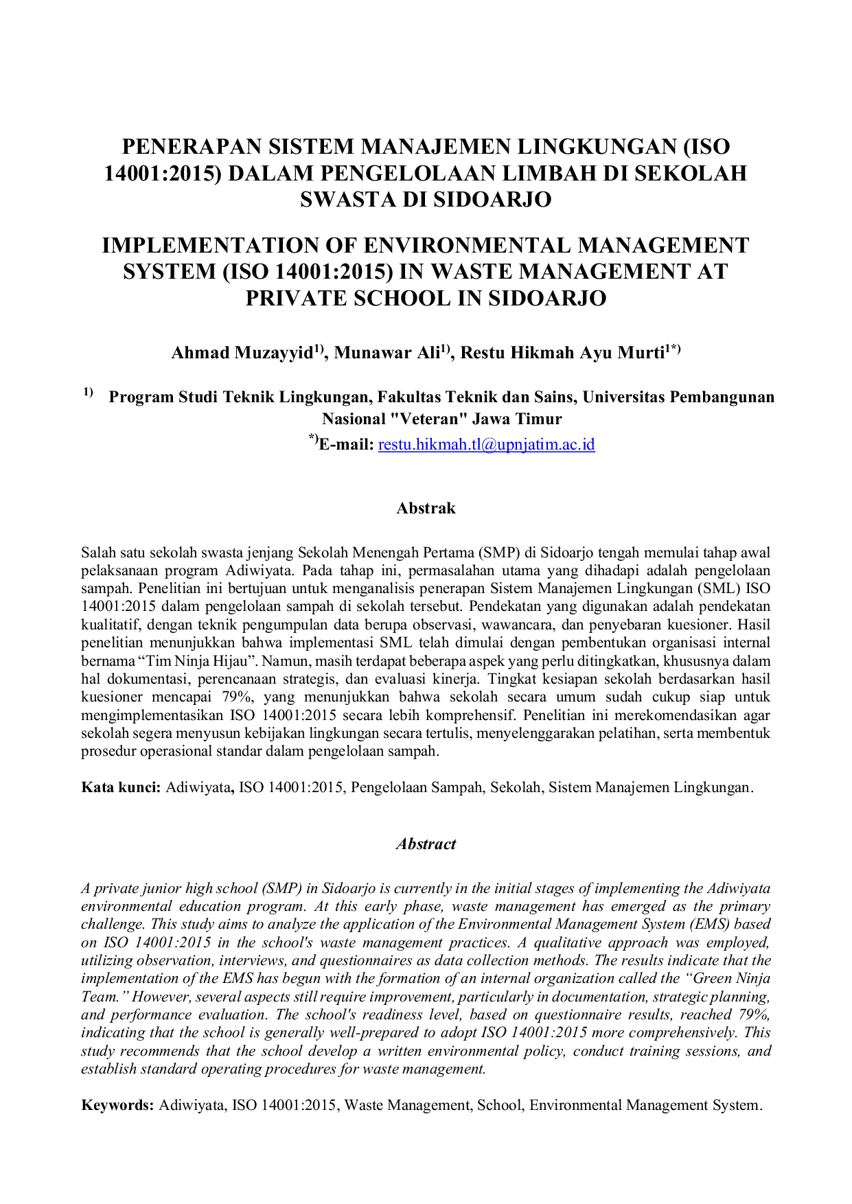 JURIS Penerapan Sistem Manajemen Lingkungan Iso 14001 2015 Dalam Pengelolaan Limbah Di Sekolah Swasta Di Sidoarjo