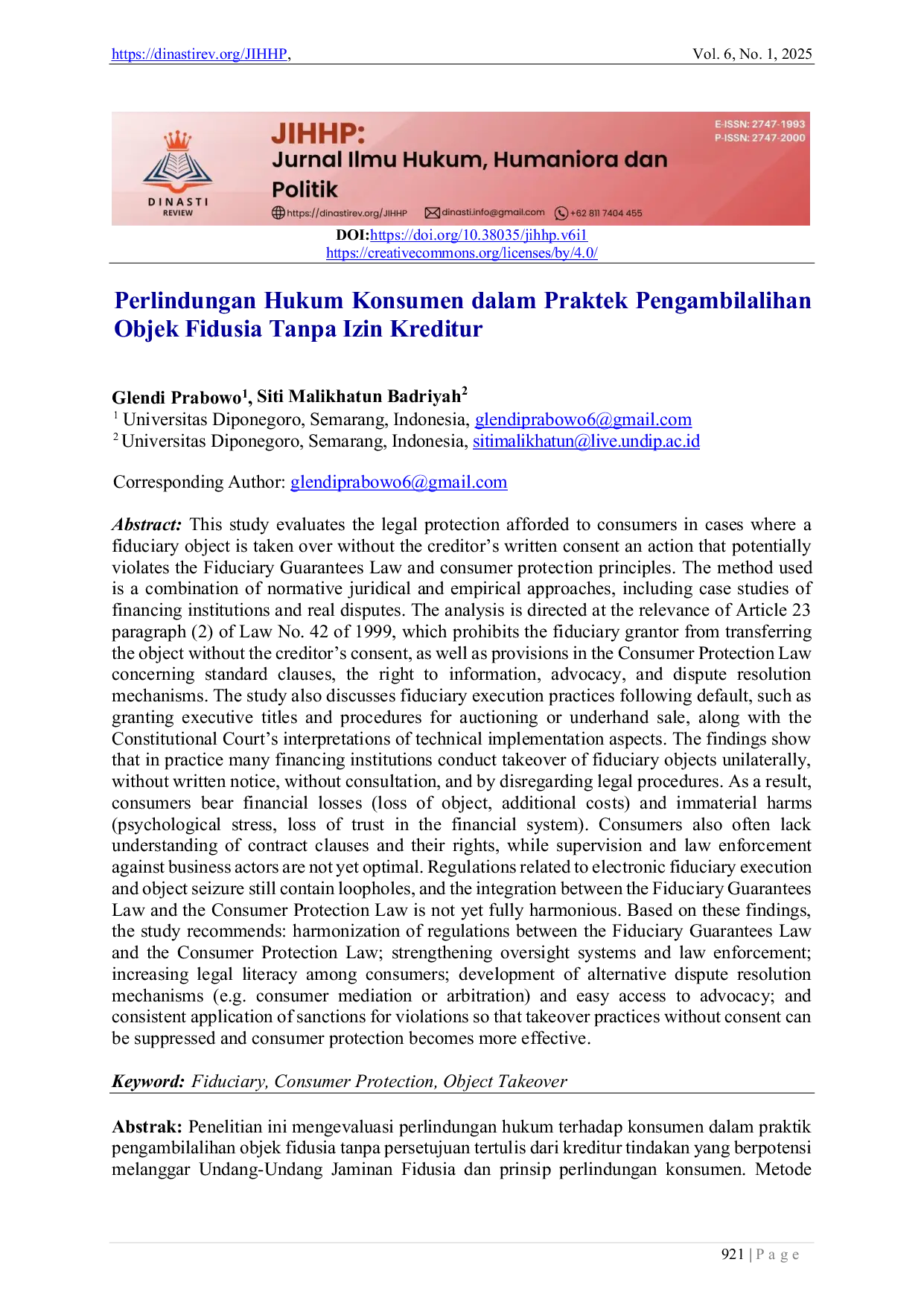 JURIS Perlindungan Hukum Konsumen dalam Praktek Pengambilalihan Objek Fidusia Tanpa Izin Kreditur