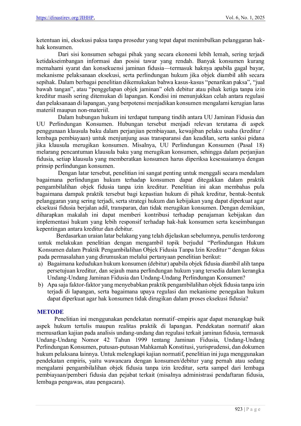 JURIS Perlindungan Hukum Konsumen dalam Praktek Pengambilalihan Objek Fidusia Tanpa Izin Kreditur