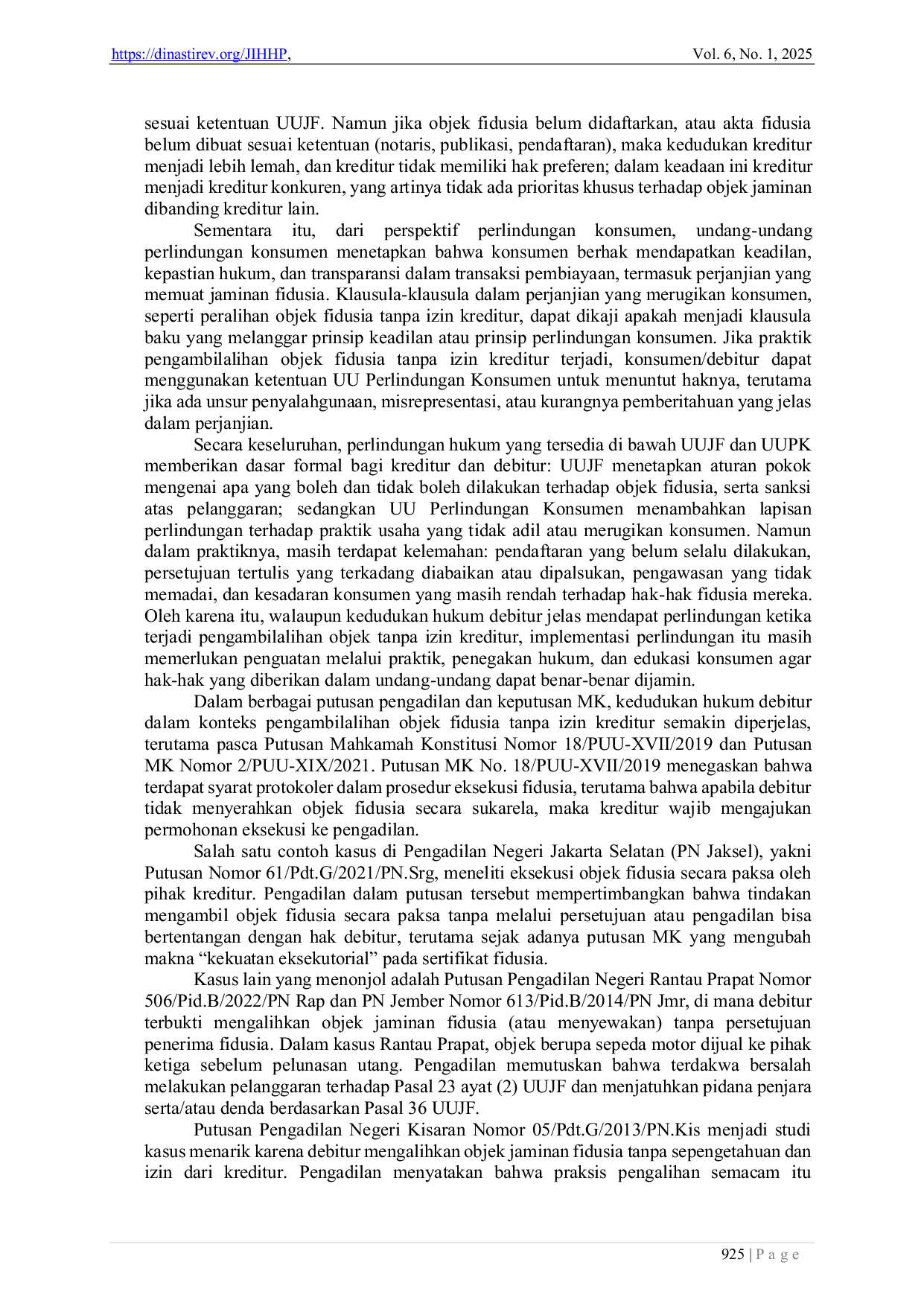 JURIS Perlindungan Hukum Konsumen dalam Praktek Pengambilalihan Objek Fidusia Tanpa Izin Kreditur