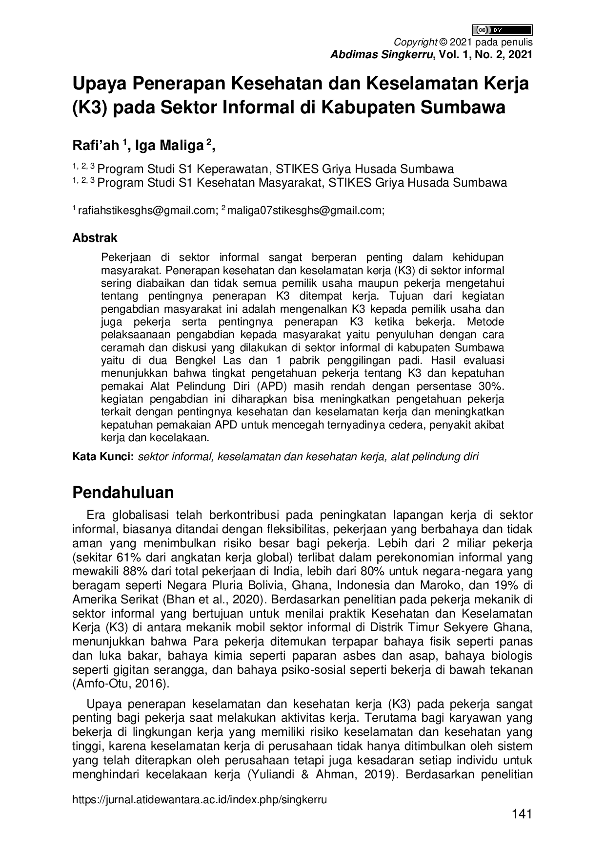 JURIS Upaya Penerapan Kesehatan dan Keselamatan Kerja K3 pada Sektor Informal di Kabupaten Sumbawa