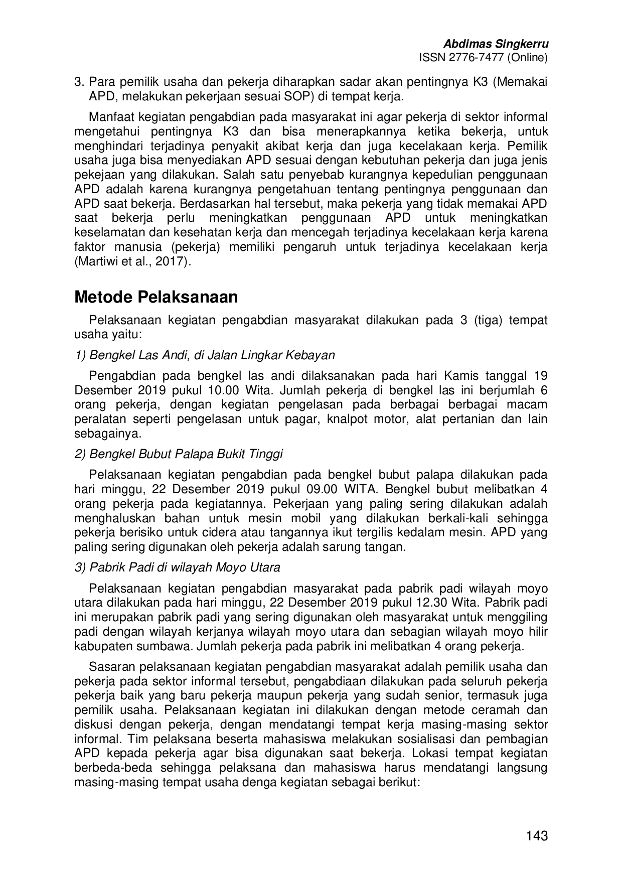 JURIS Upaya Penerapan Kesehatan dan Keselamatan Kerja K3 pada Sektor Informal di Kabupaten Sumbawa