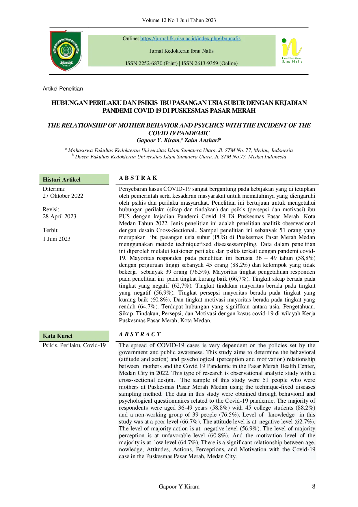 JURIS Hubungan Perilaku dan Psikis Ibu Pasangan Usia Subur dengan Kejadian Pandemi COVID 19 di Puskesmas Pasar Merah