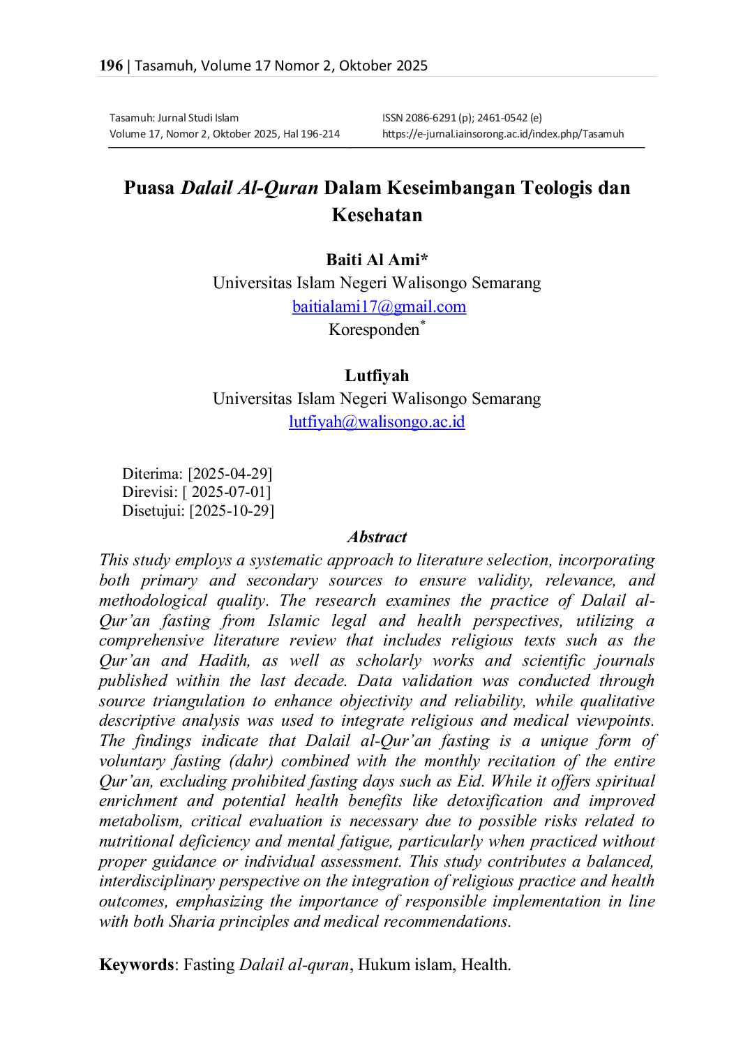 JURIS Puasa Dalail Al Quran Dalam Keseimbangan Teologis dan Kesehatan