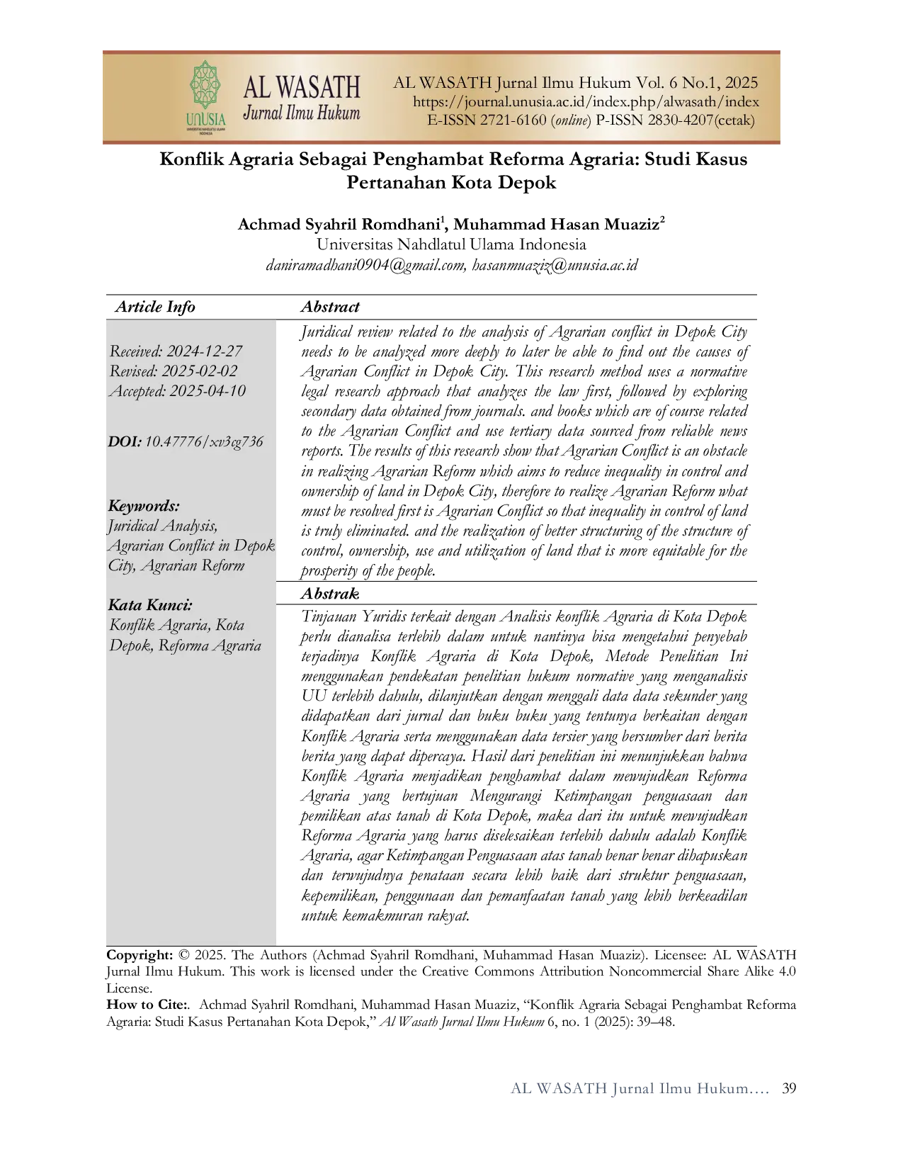 JURIS Konflik Agraria Sebagai Penghambat Reforma Agraria Studi Kasus Pertanahan Kota Depok